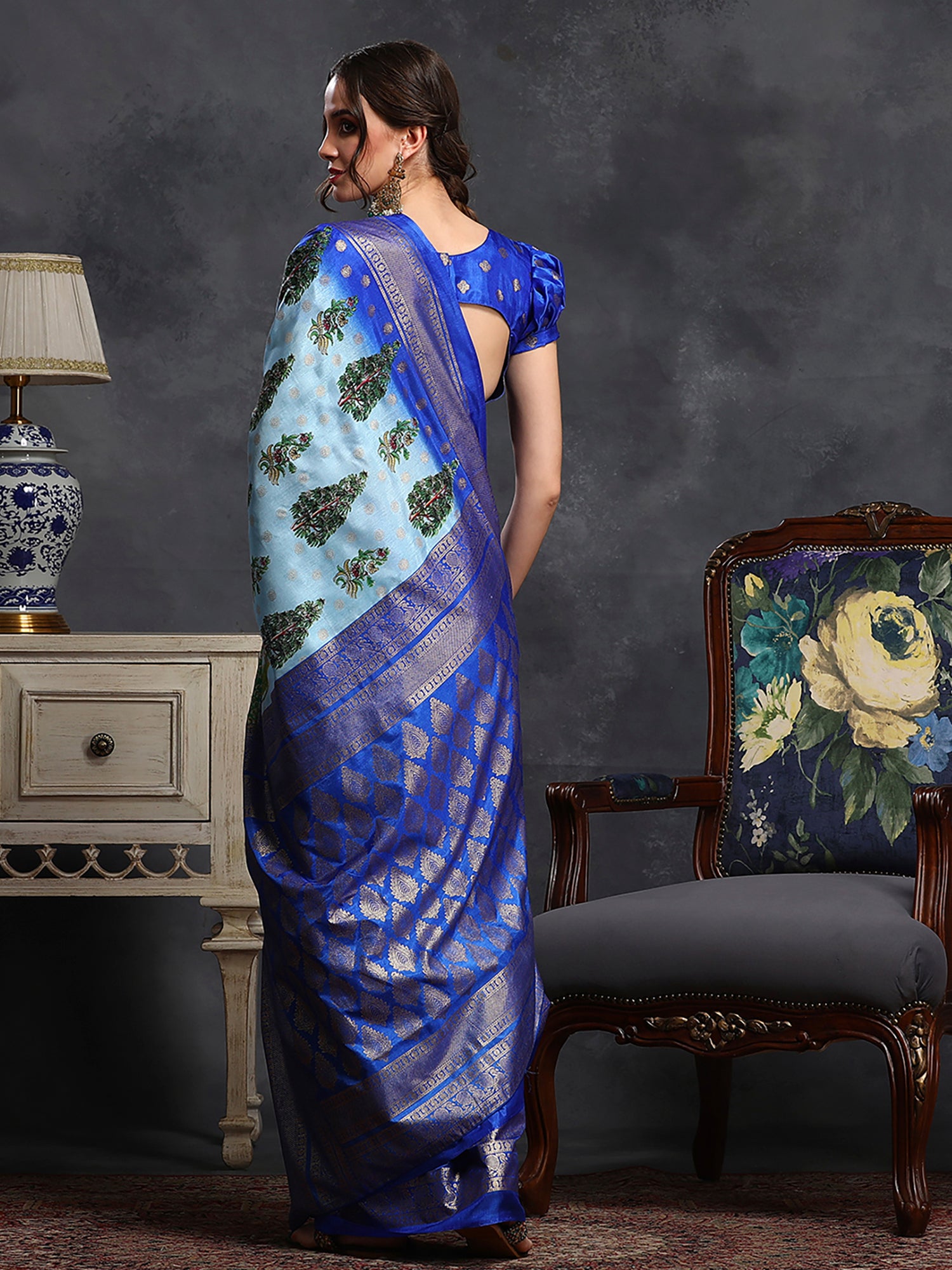 Dola Silk Light Blue Printed Designer Saree With Blouse