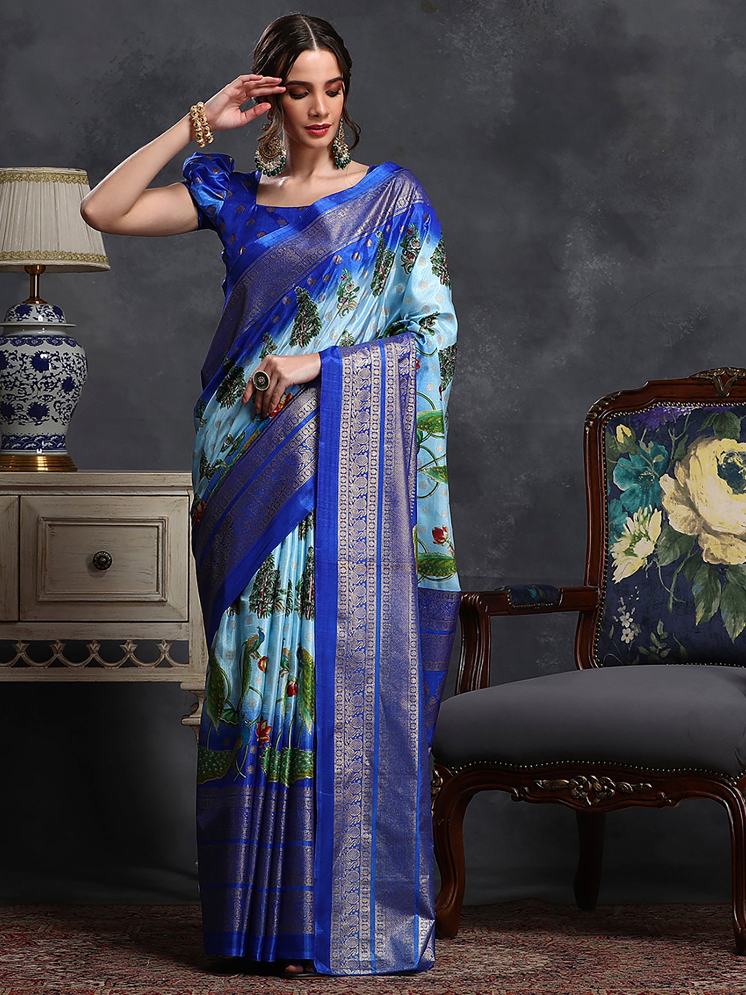 Dola Silk Light Blue Printed Designer Saree With Blouse