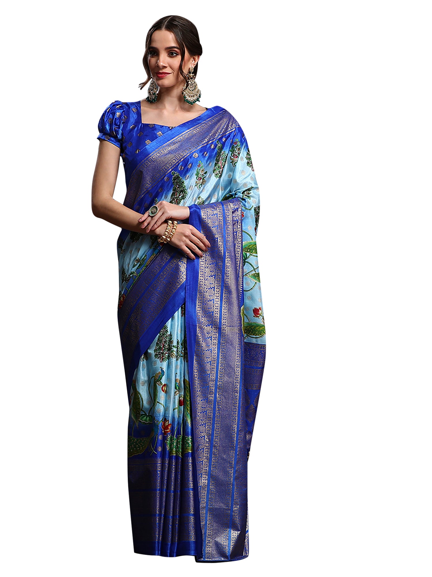 Dola Silk Light Blue Printed Designer Saree With Blouse