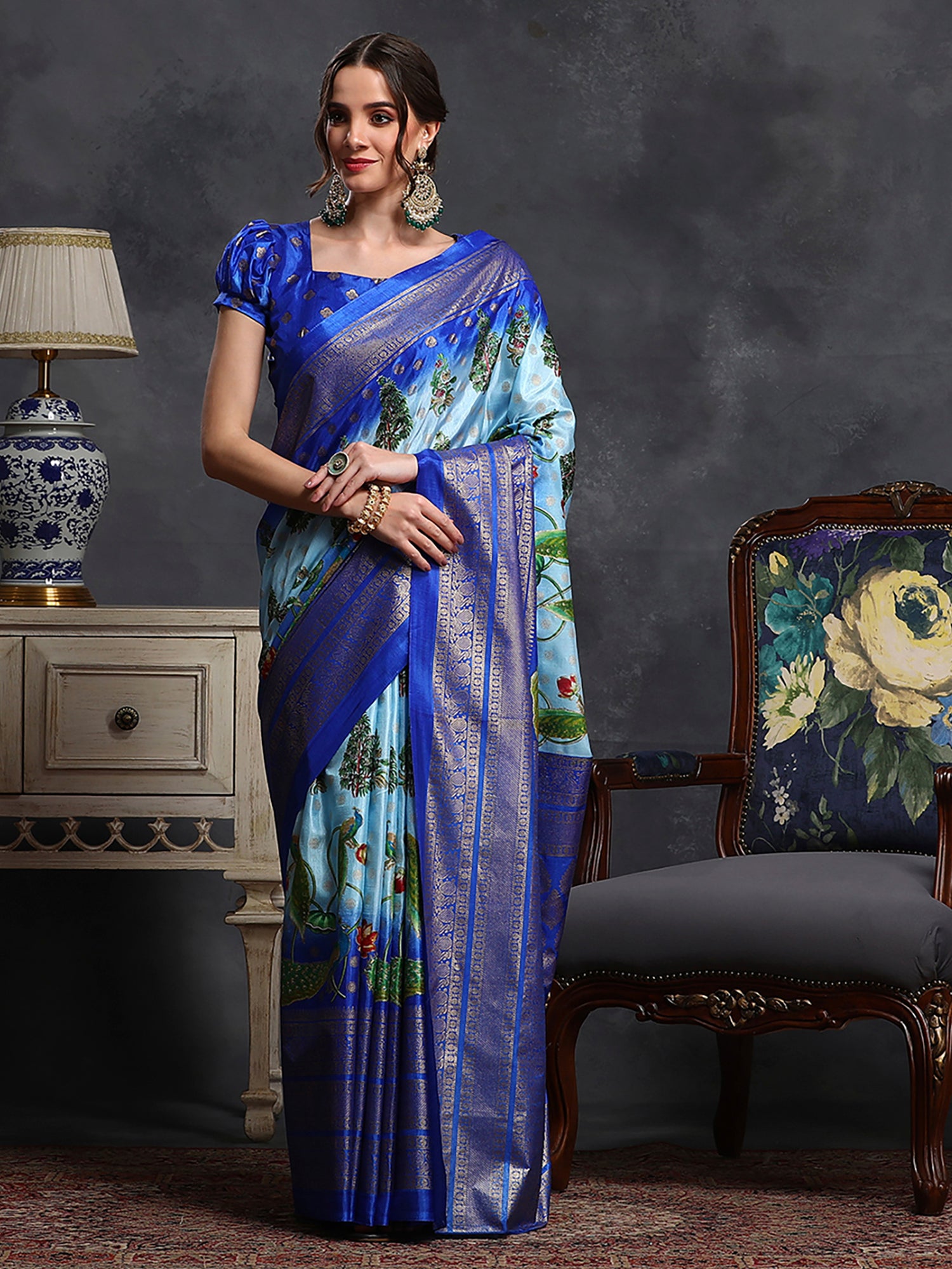 Dola Silk Light Blue Printed Designer Saree With Blouse
