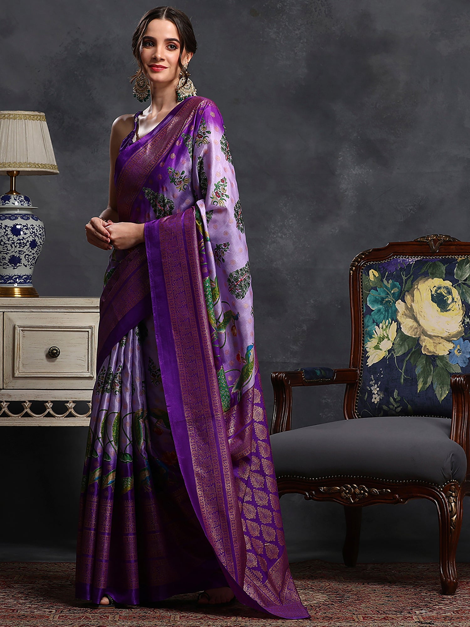 Dola Silk Lavendar Printed Designer Saree With Blouse