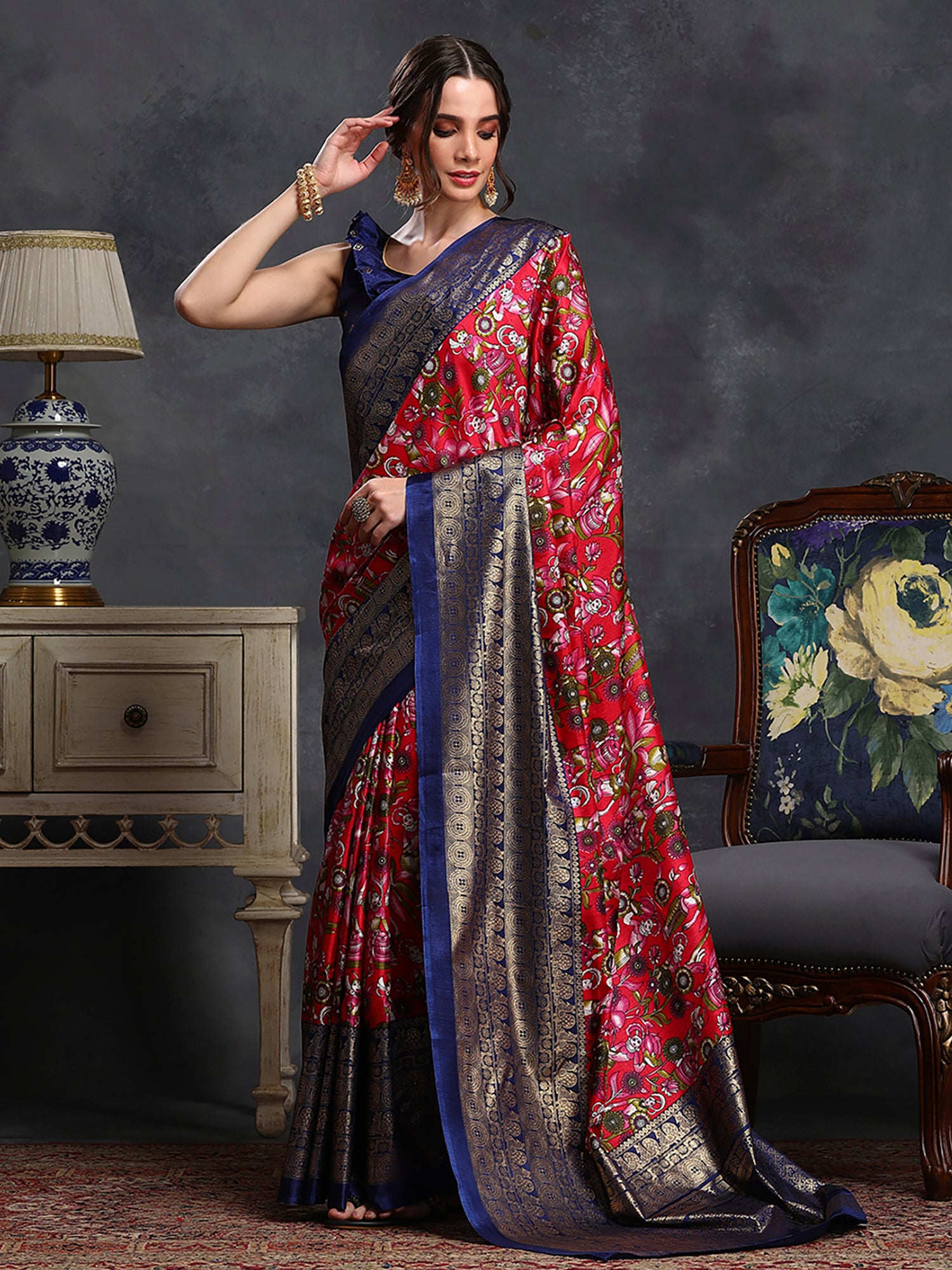 Dola Silk Red Printed Designer Saree With Blouse