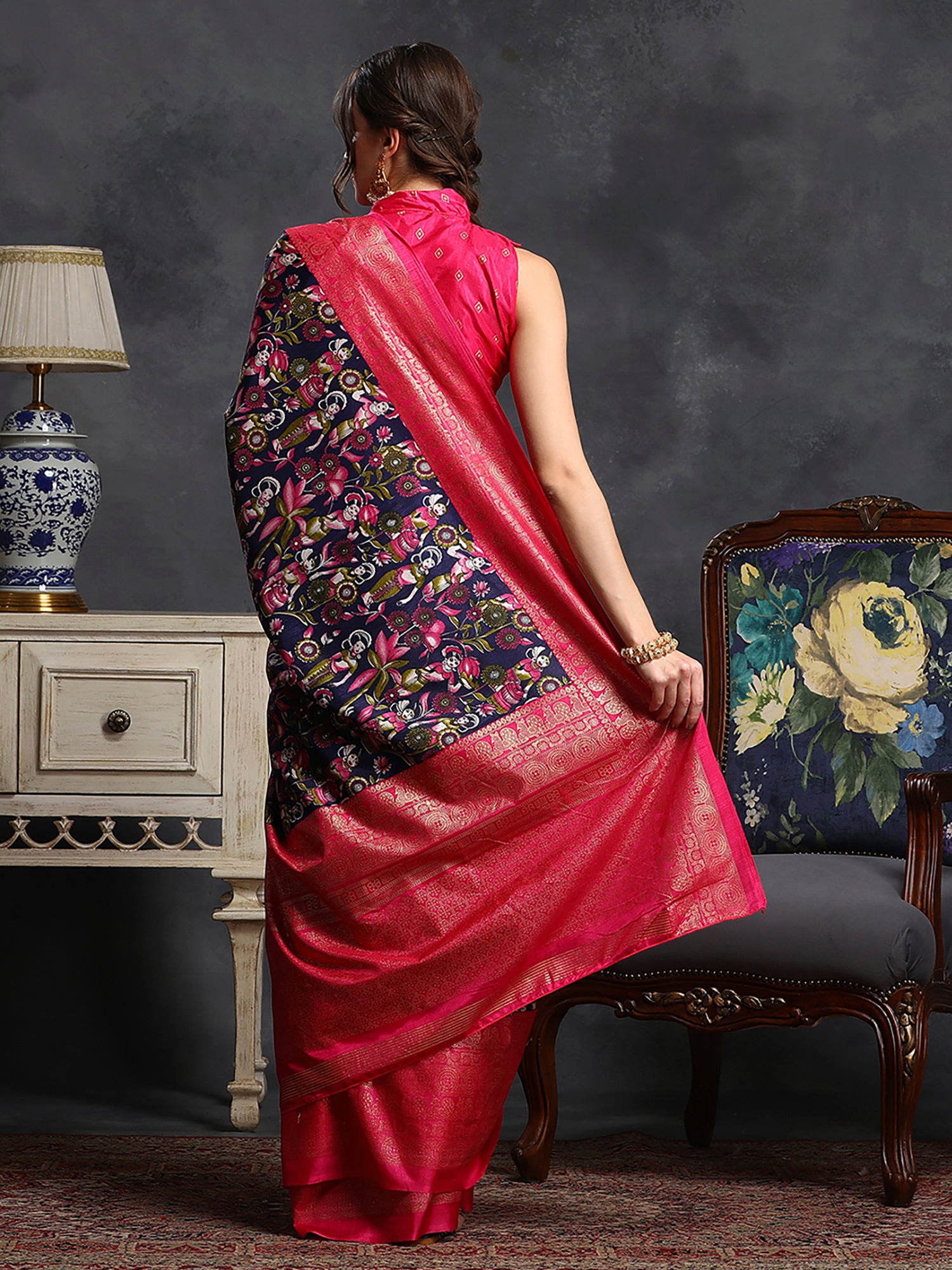 Dola Silk Navy Blue Printed Designer Saree With Blouse
