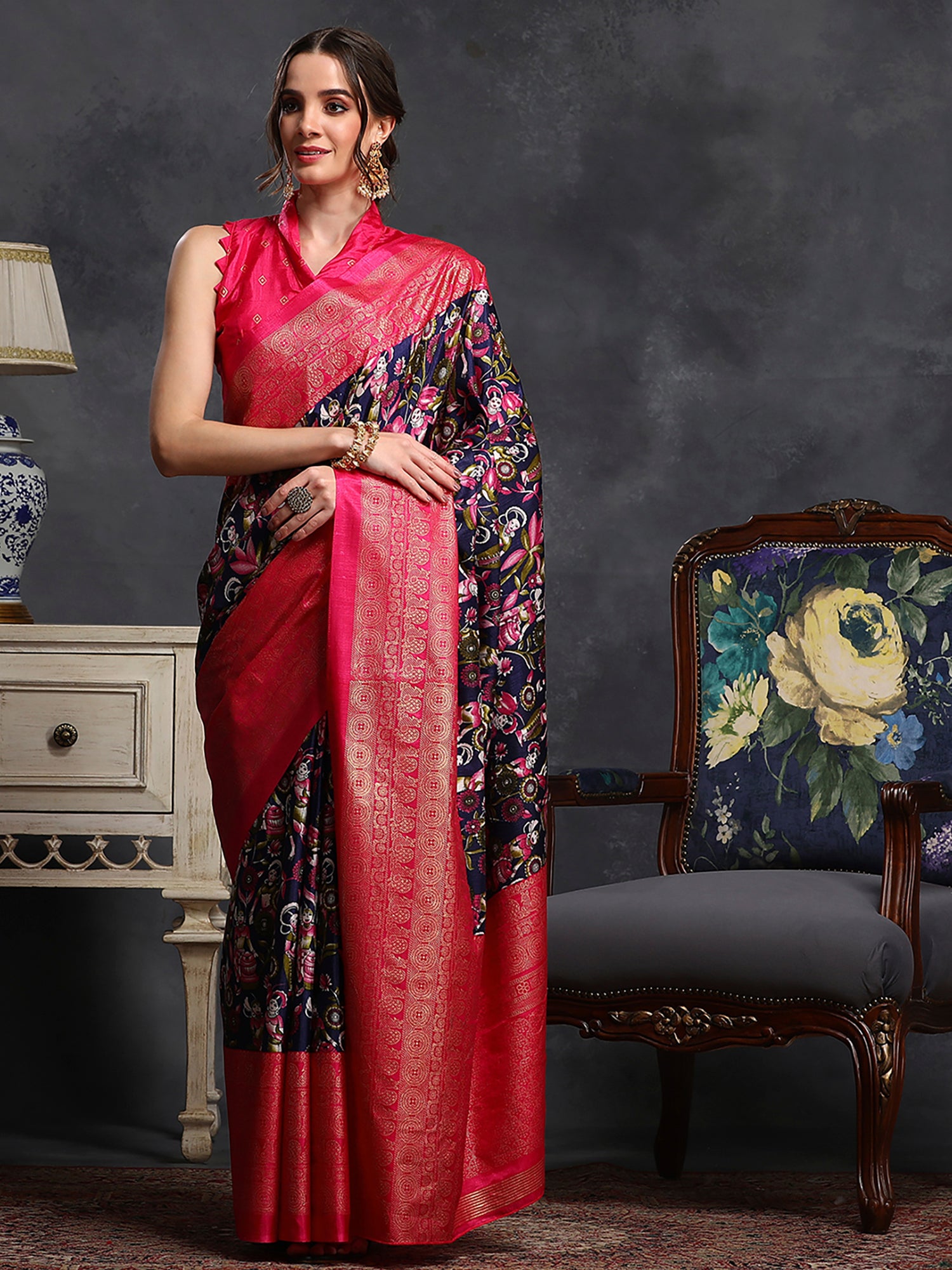 Dola Silk Navy Blue Printed Designer Saree With Blouse