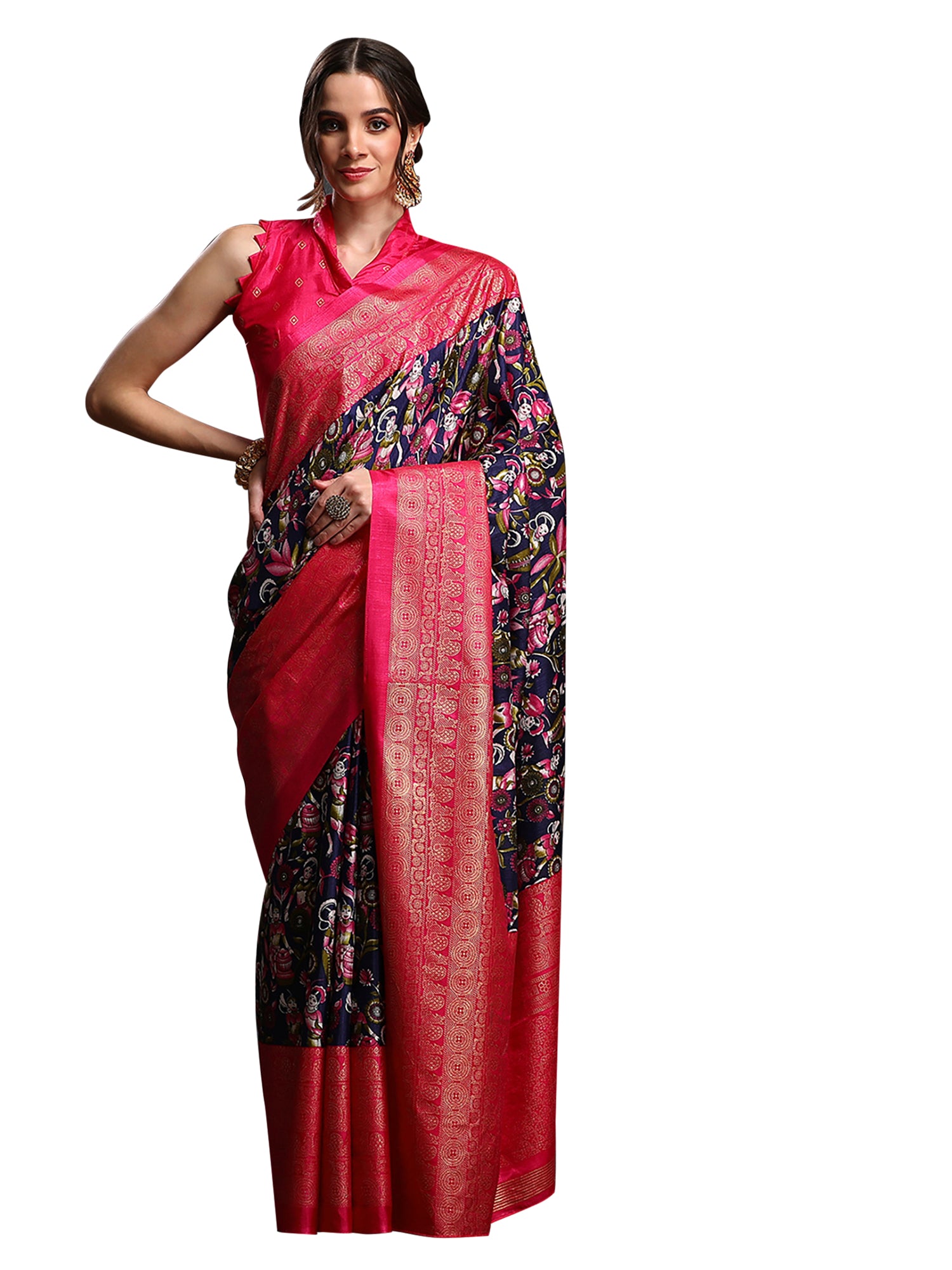 Dola Silk Navy Blue Printed Designer Saree With Blouse