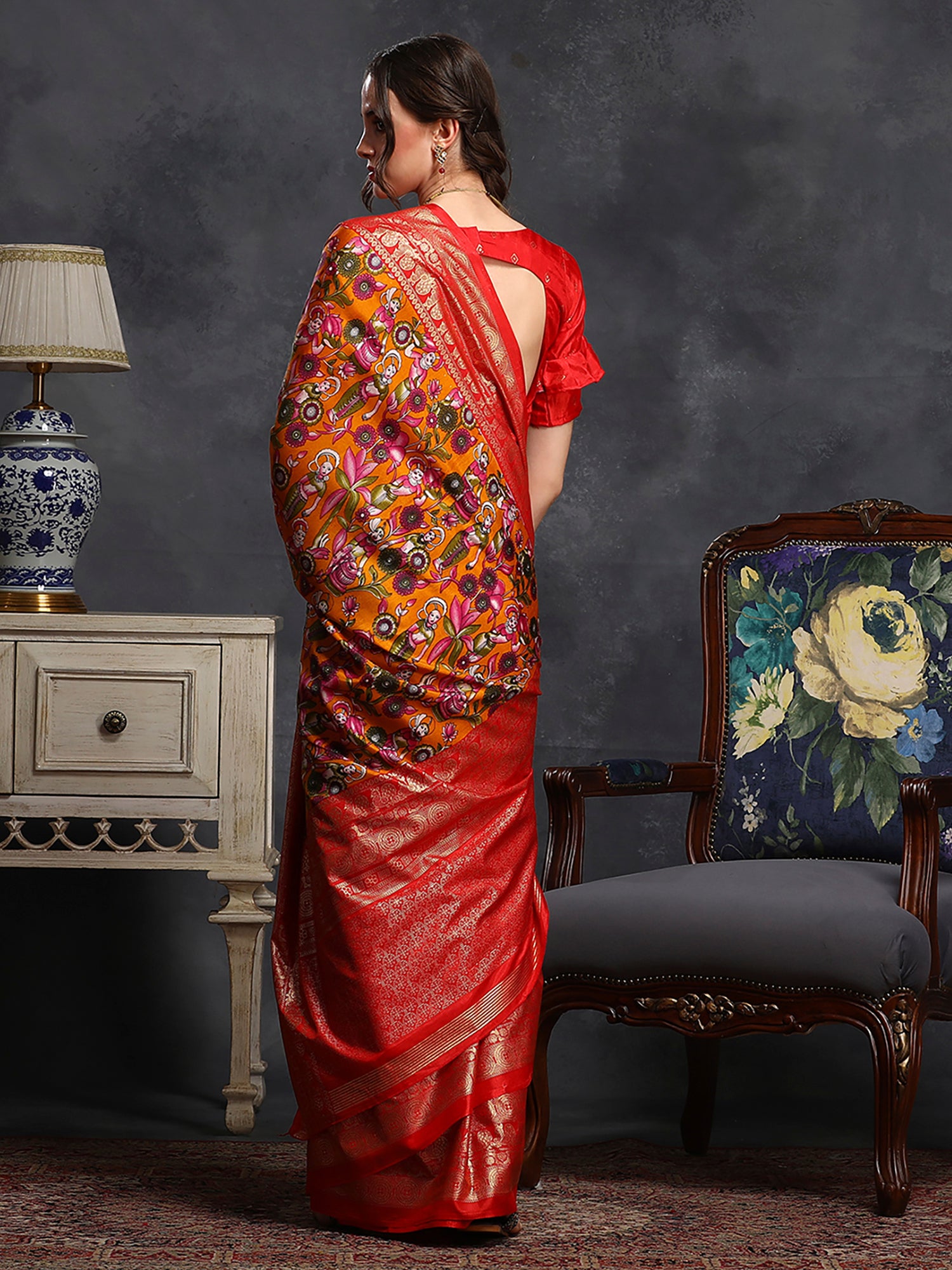 Dola Silk Orange Printed Designer Saree With Blouse