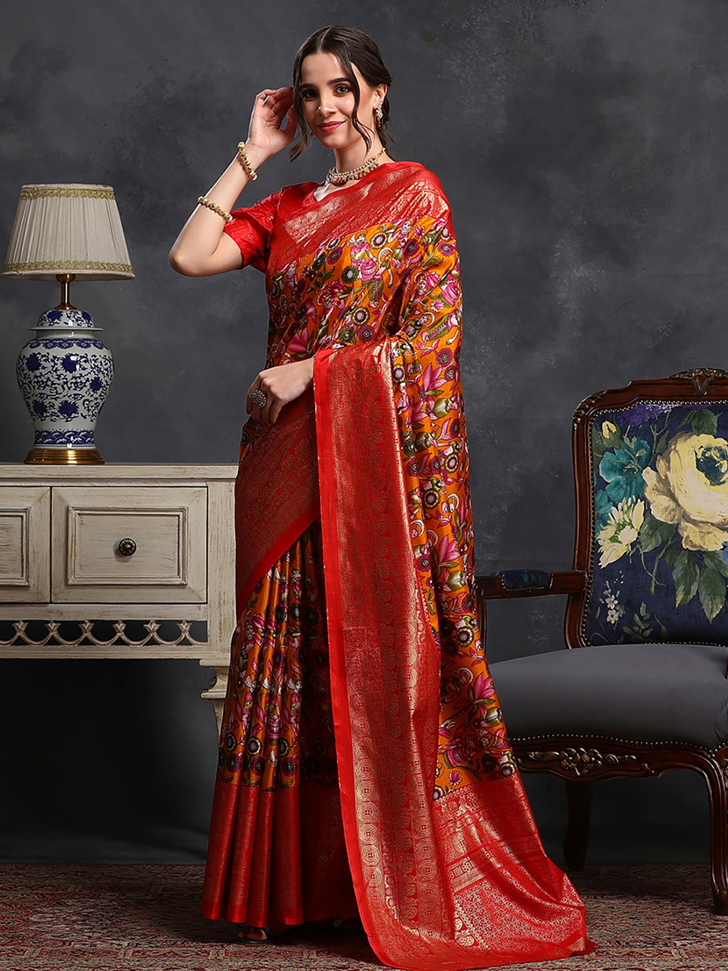 Dola Silk Orange Printed Designer Saree With Blouse
