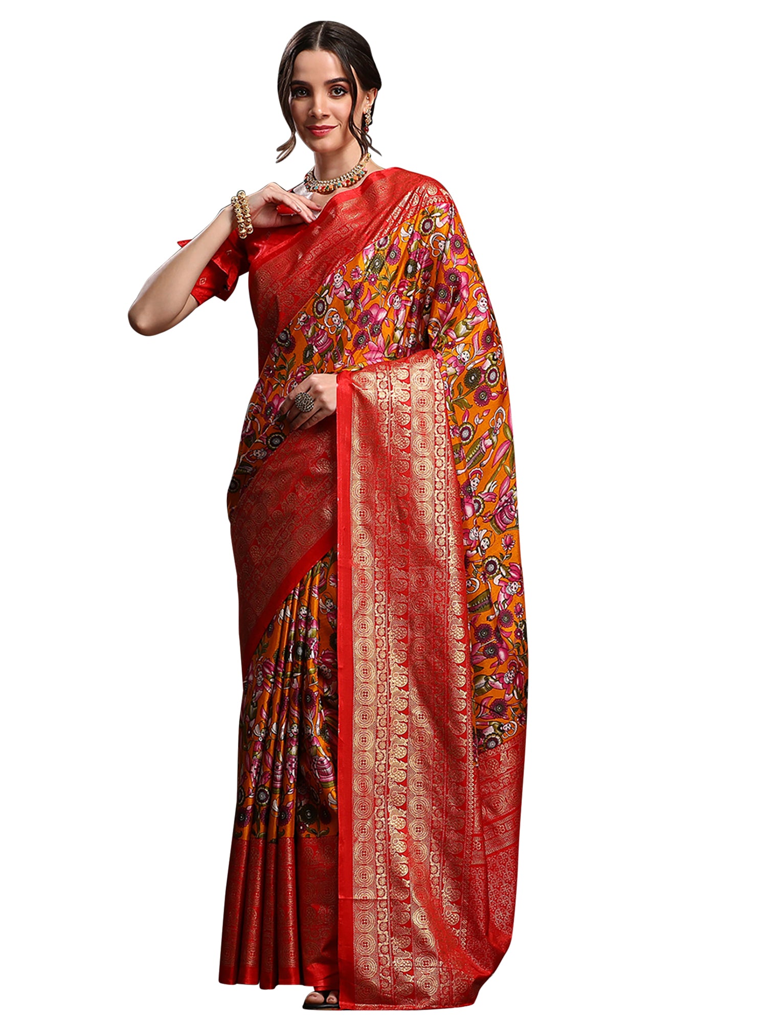 Dola Silk Orange Printed Designer Saree With Blouse