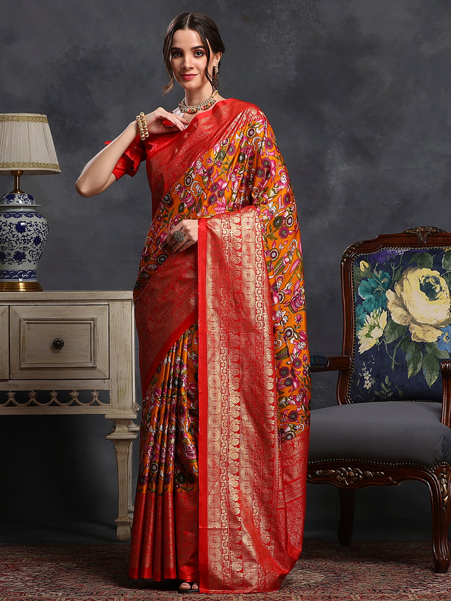 Dola Silk Orange Printed Designer Saree With Blouse