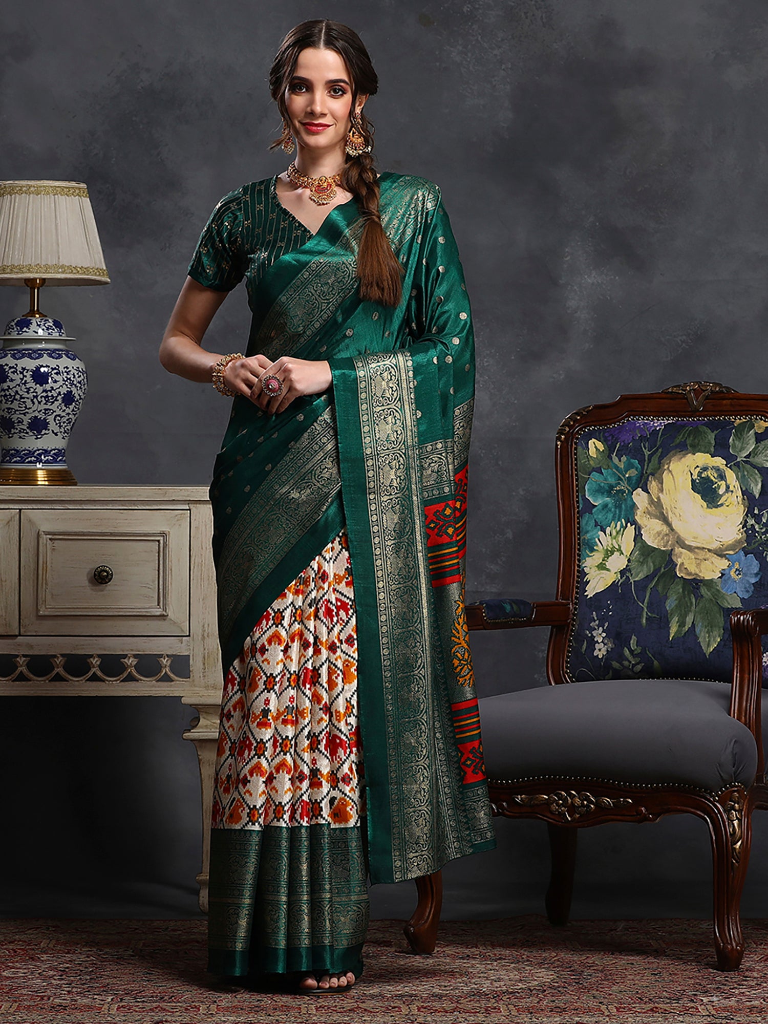 Dola Silk Green Printed Designer Saree With Blouse