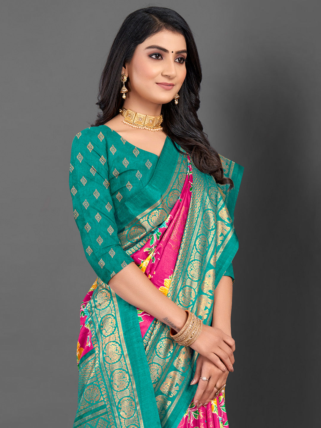 Dola Silk Pink Printed Designer Saree With Blouse