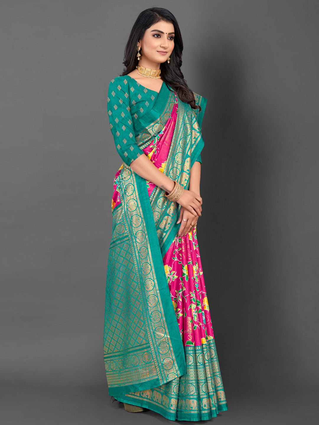 Dola Silk Pink Printed Designer Saree With Blouse
