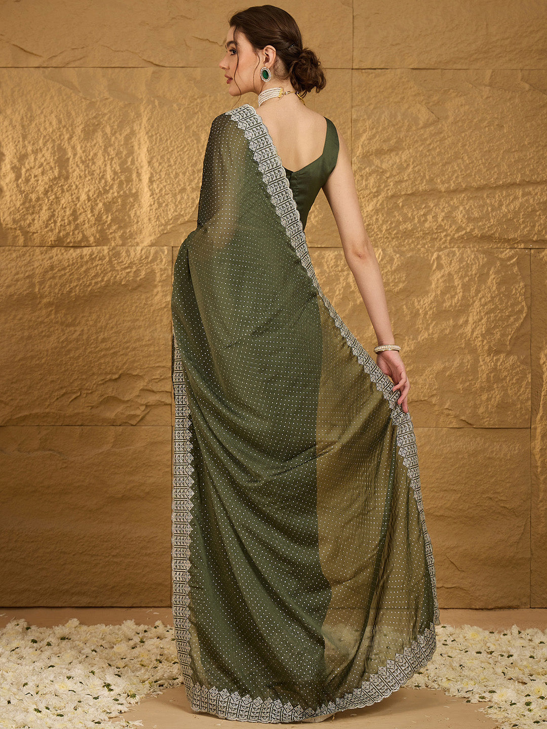 Chiffon Olive Embroidered Designer Saree With Blouse