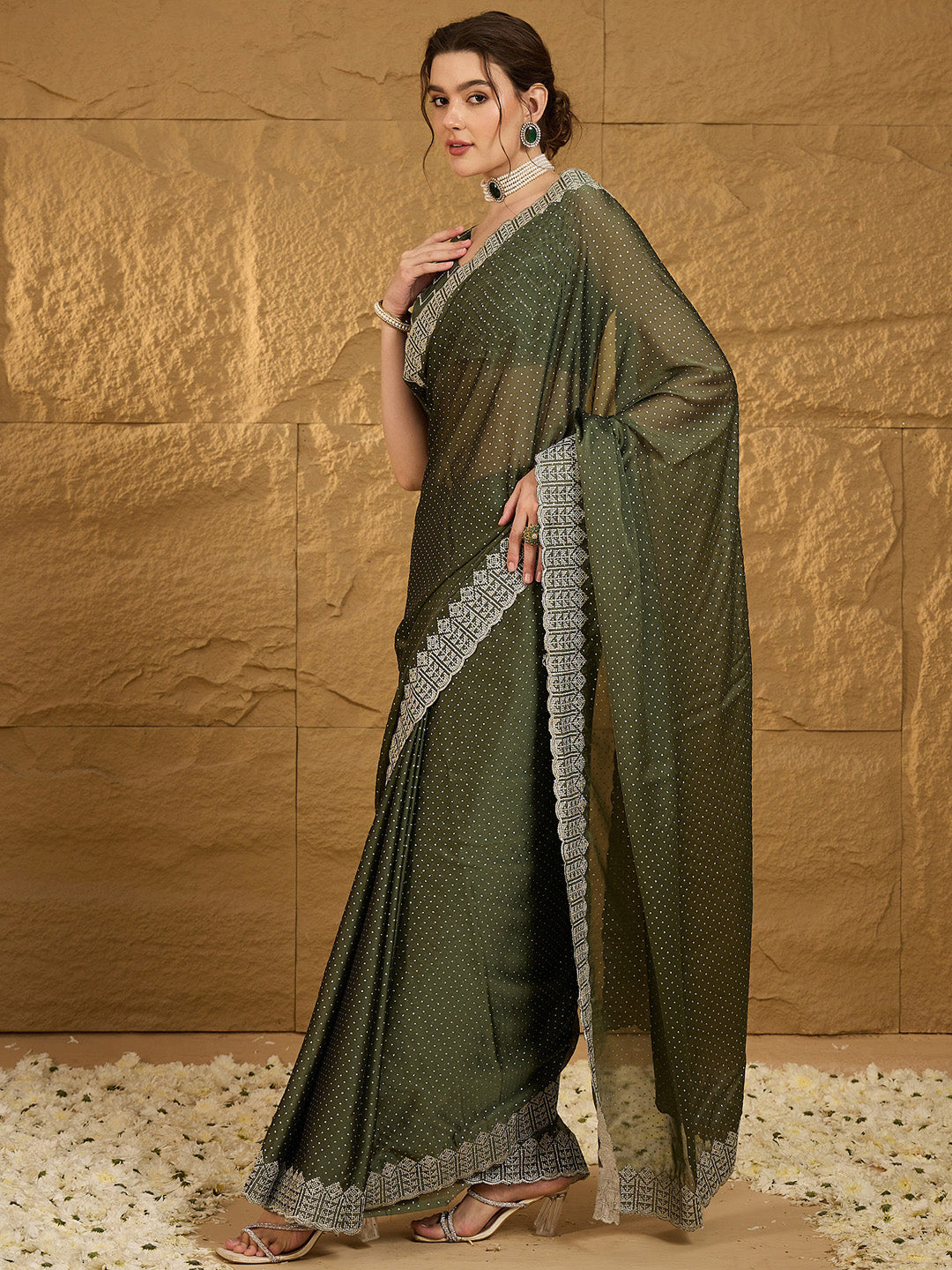 Chiffon Olive Embroidered Designer Saree With Blouse