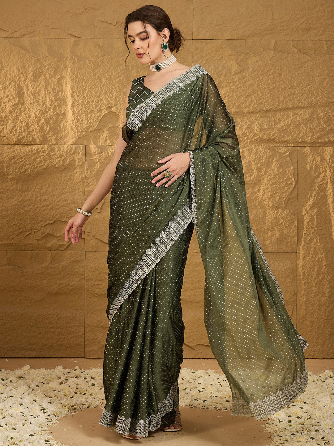 Chiffon Olive Embroidered Designer Saree With Blouse