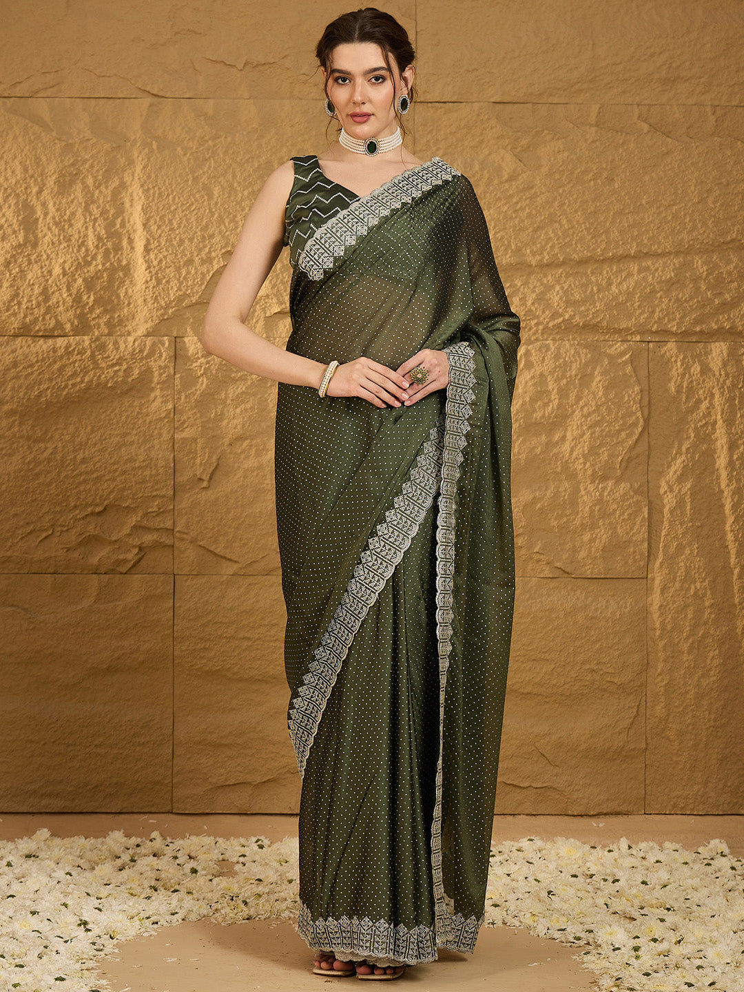 Chiffon Olive Embroidered Designer Saree With Blouse