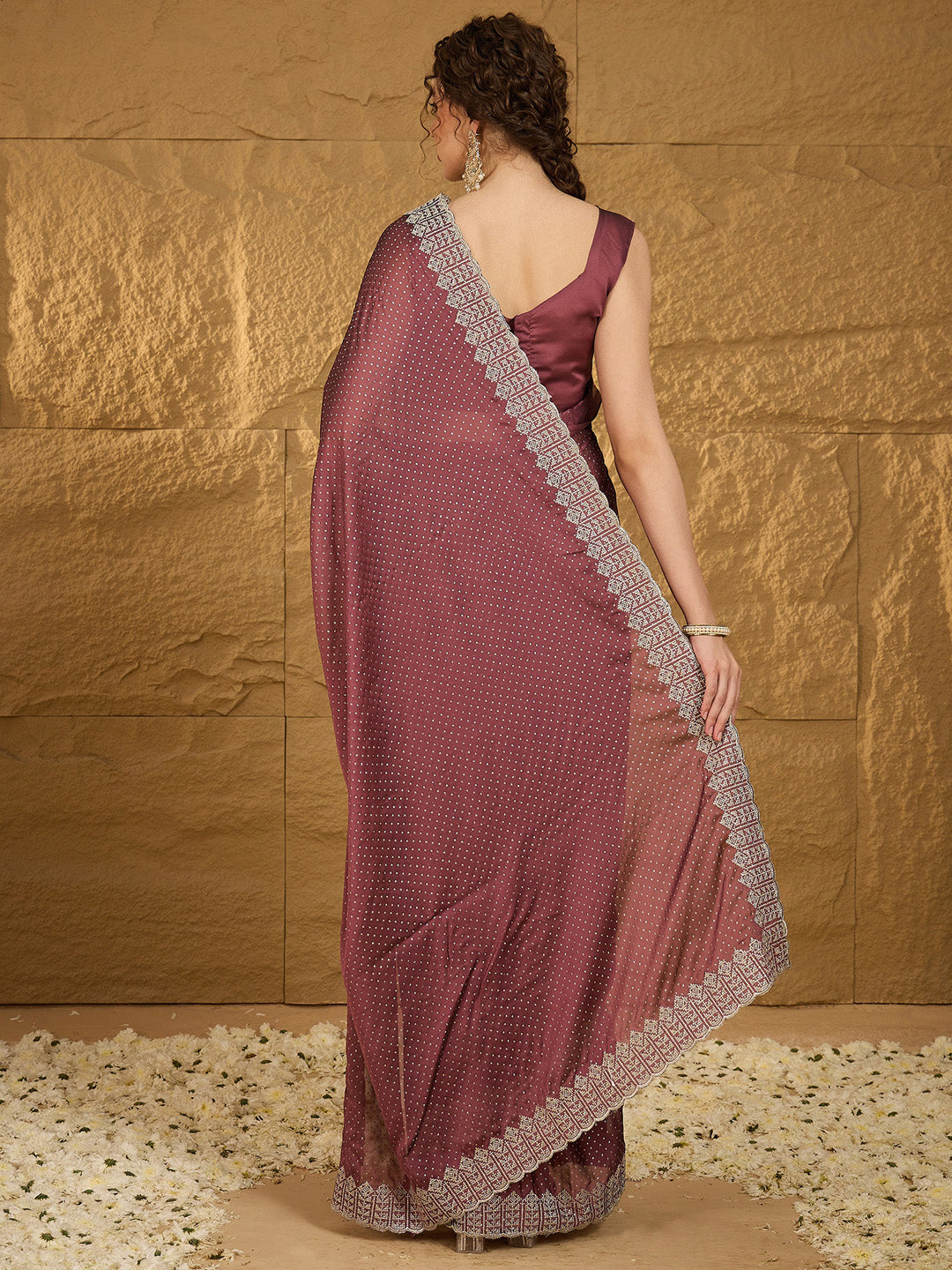 Chiffon Burgundy Embroidered Designer Saree With Blouse