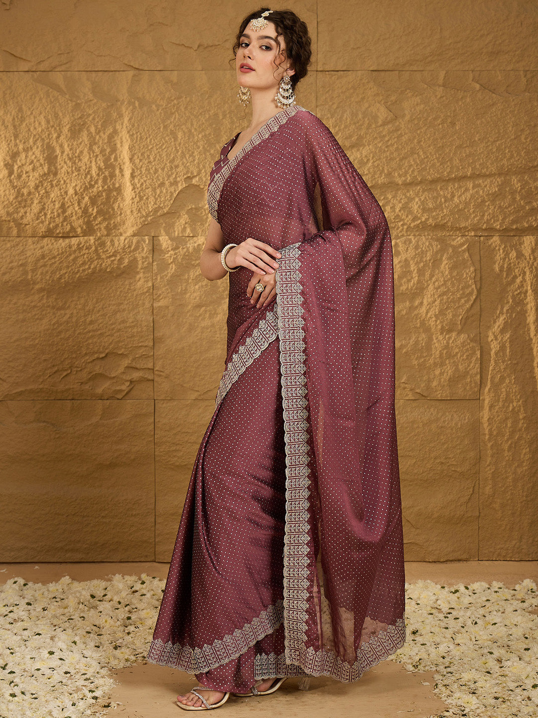 Chiffon Burgundy Embroidered Designer Saree With Blouse