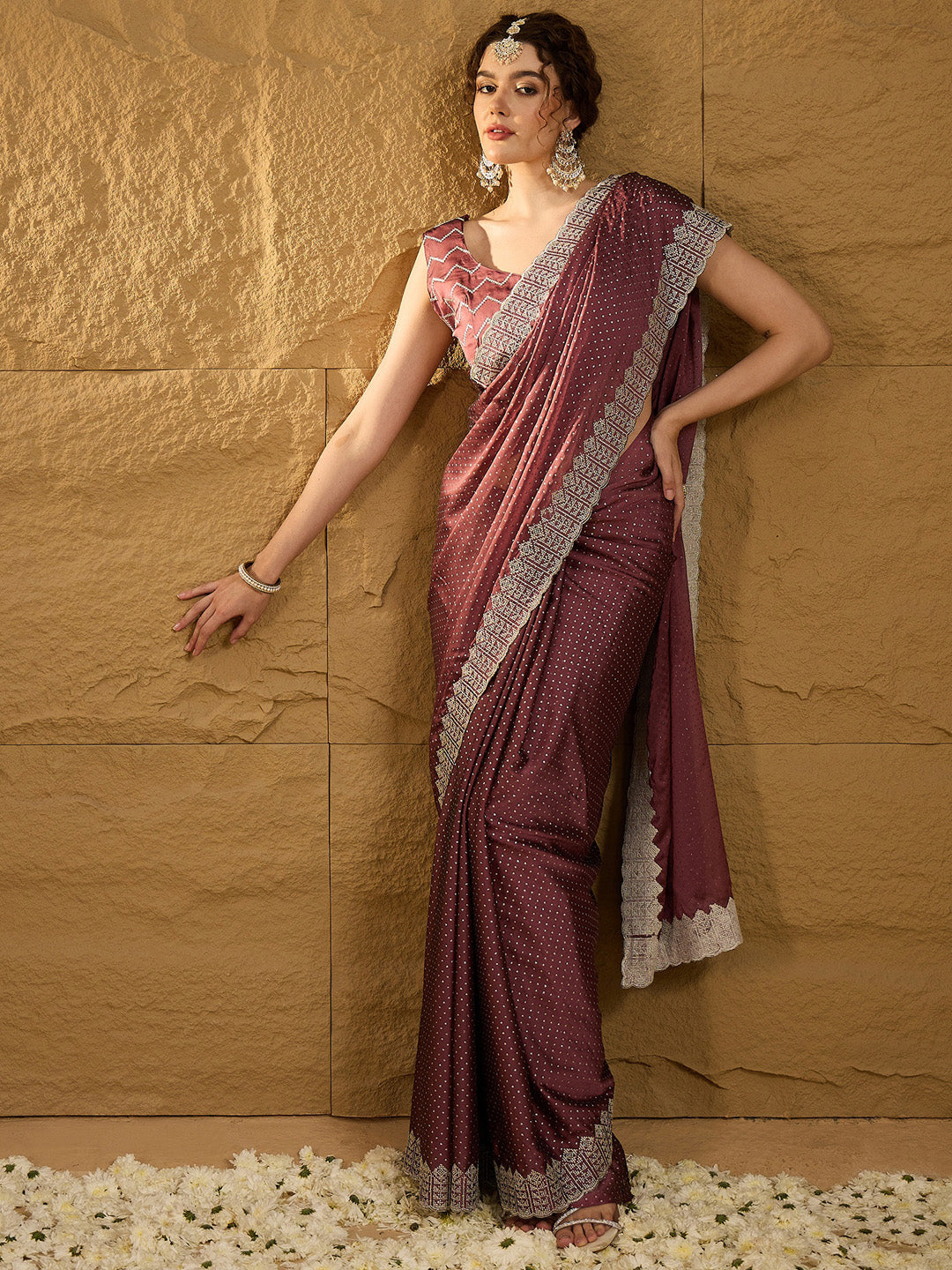 Chiffon Burgundy Embroidered Designer Saree With Blouse