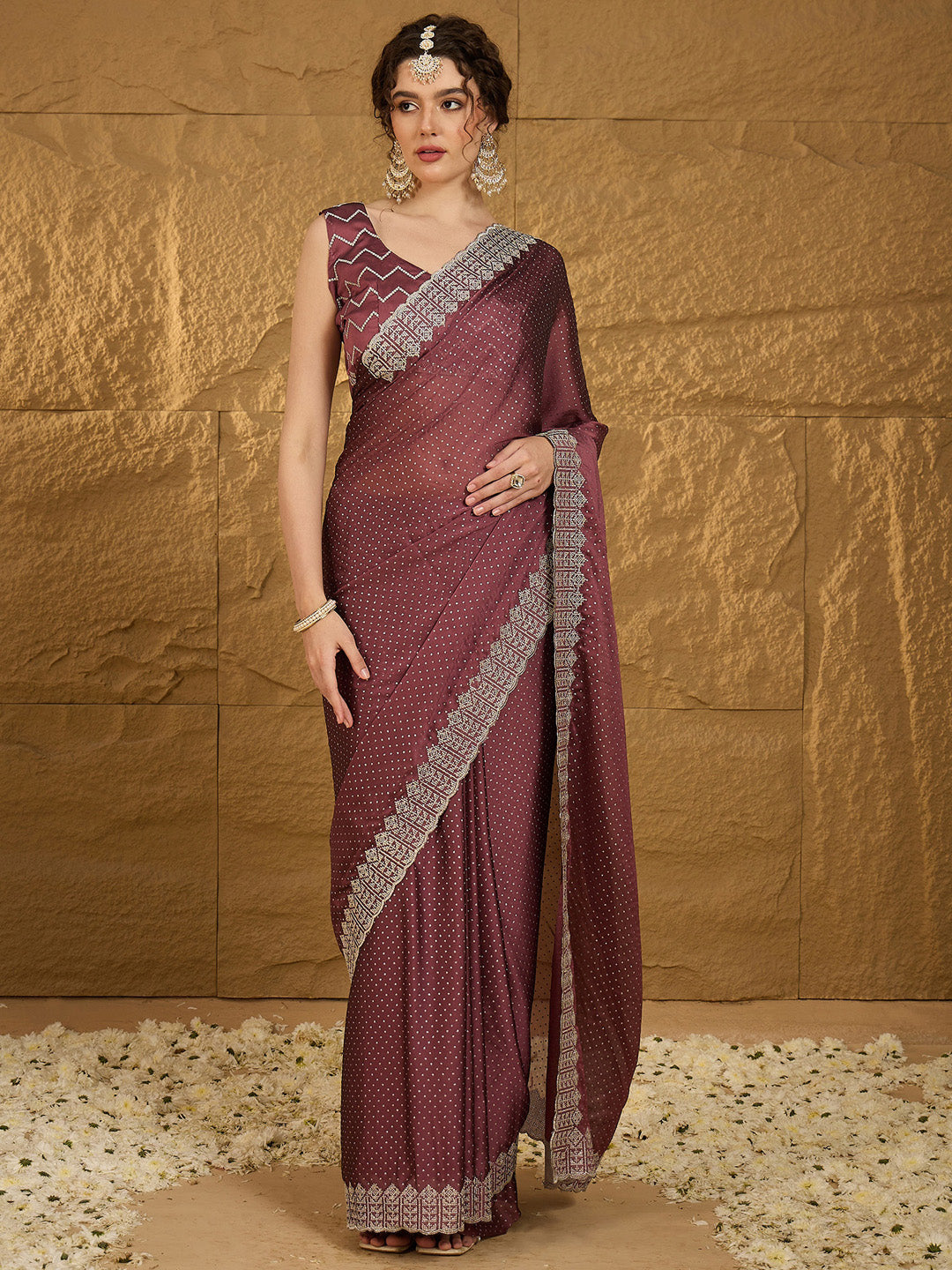 Chiffon Burgundy Embroidered Designer Saree With Blouse