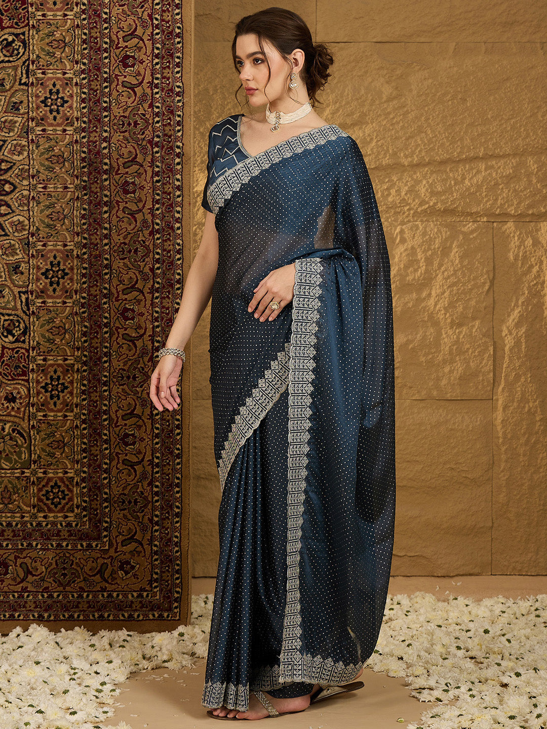 Chiffon Navy Blue Embroidered Designer Saree With Blouse