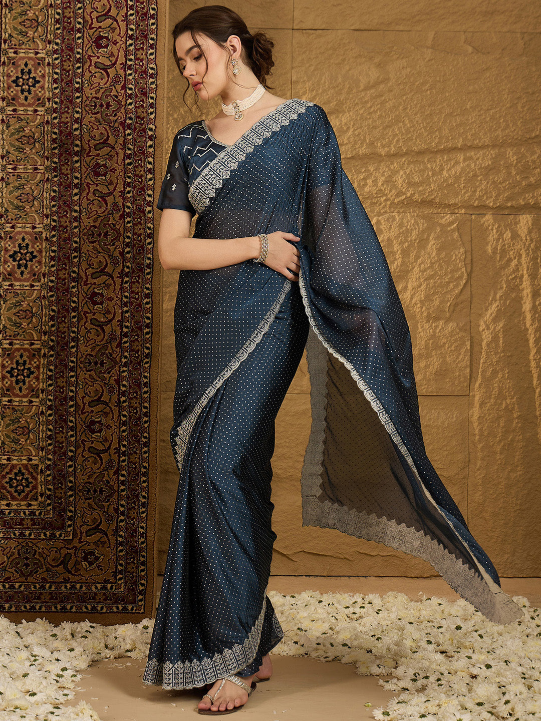 Chiffon Navy Blue Embroidered Designer Saree With Blouse