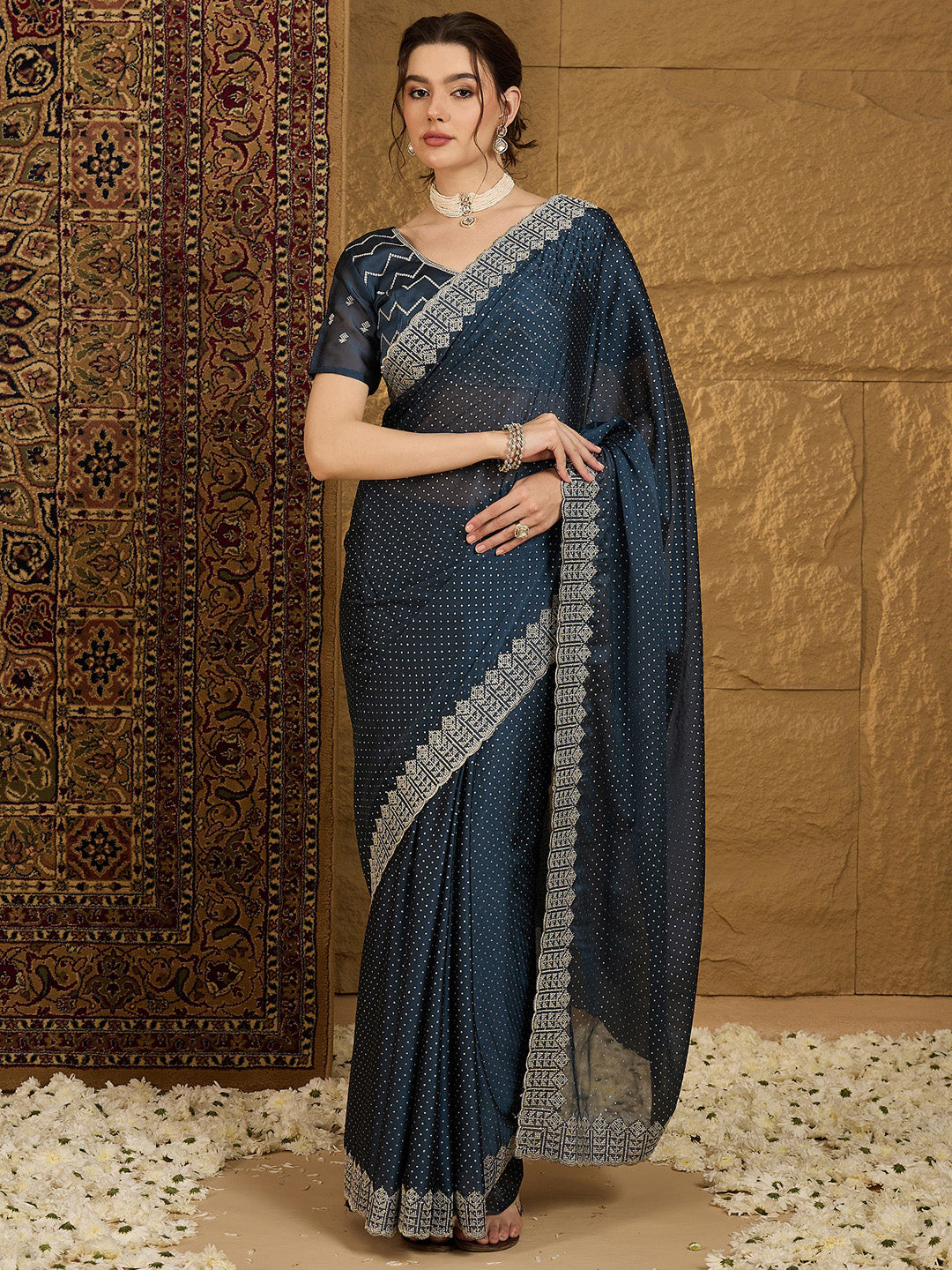 Chiffon Navy Blue Embroidered Designer Saree With Blouse