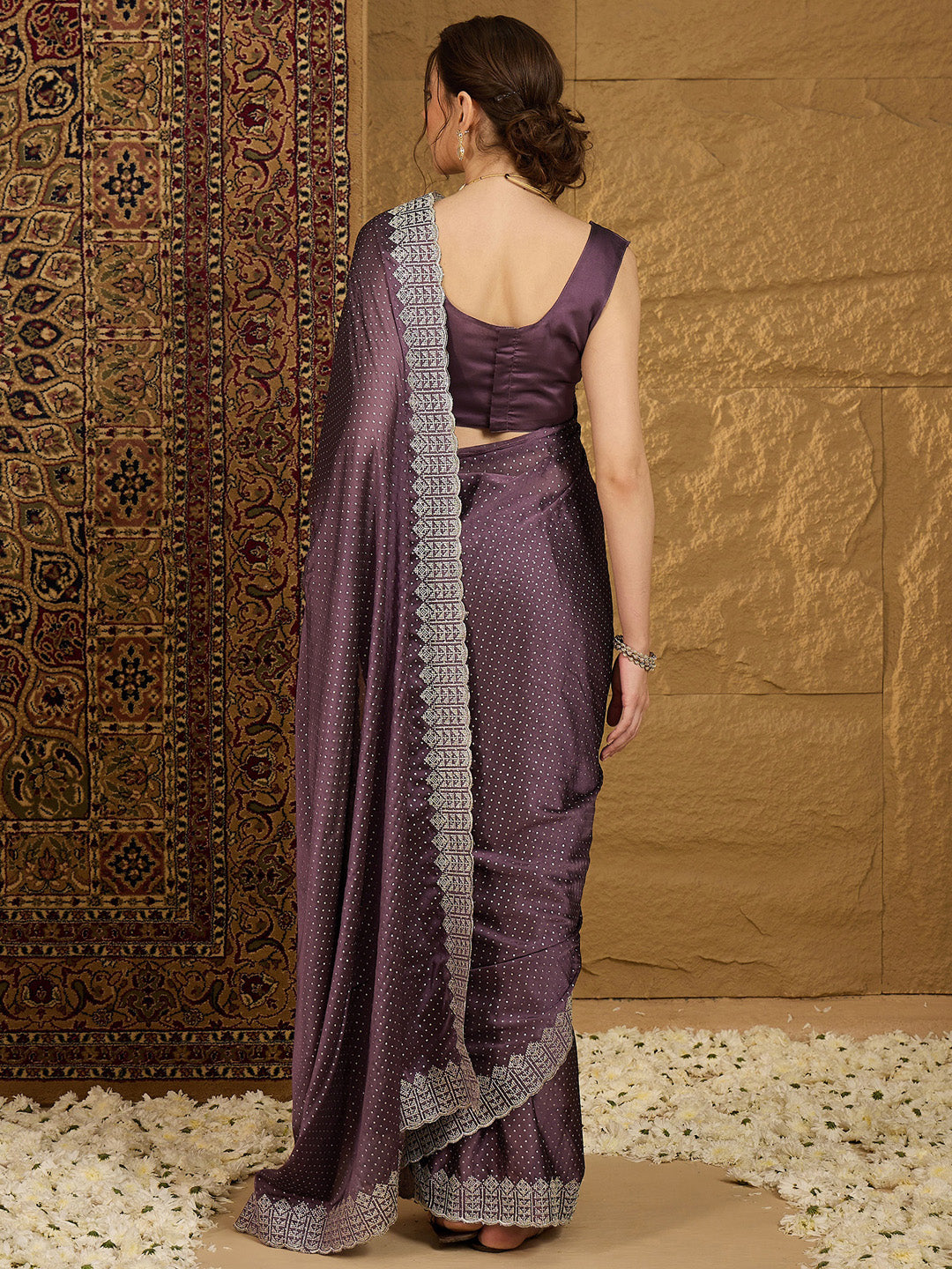 Chiffon Violet Embroidered Designer Saree With Blouse