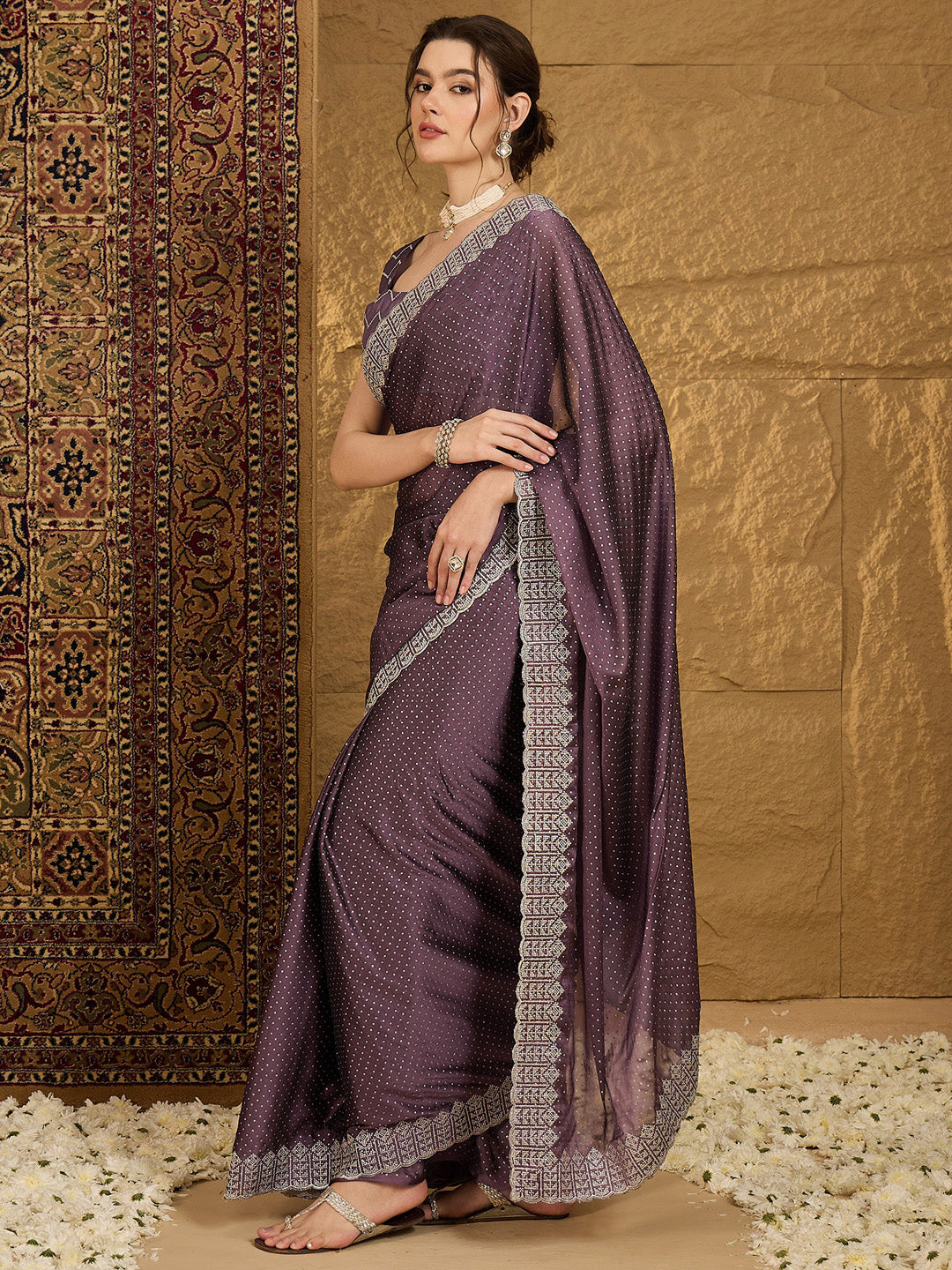 Chiffon Violet Embroidered Designer Saree With Blouse