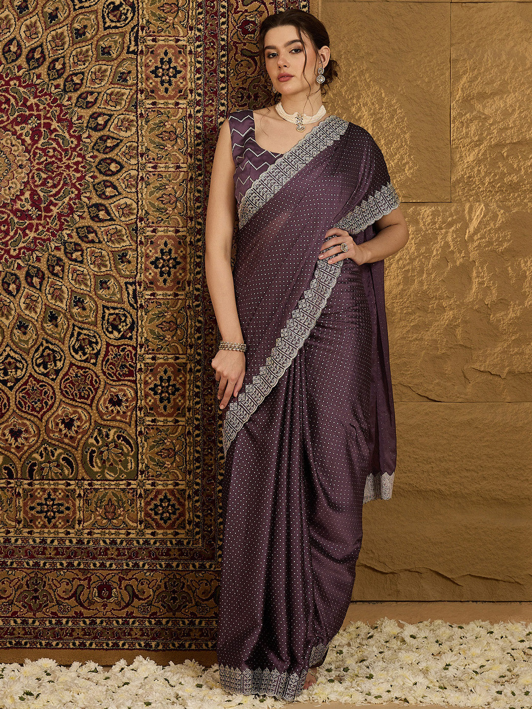 Chiffon Violet Embroidered Designer Saree With Blouse