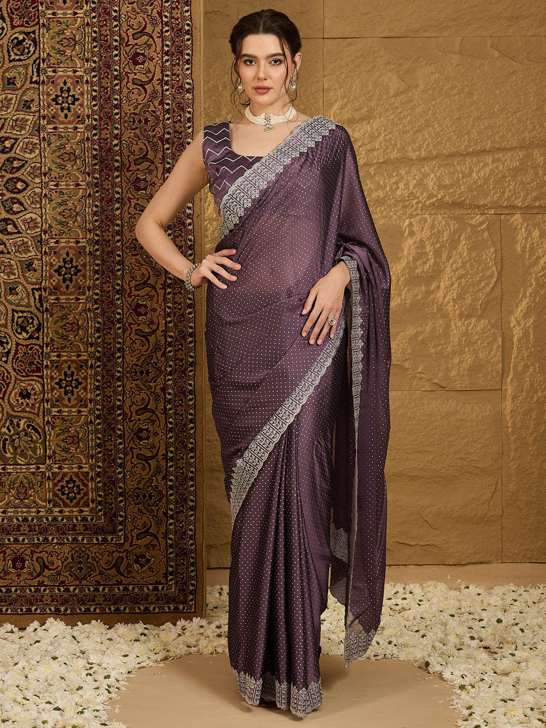 Chiffon Violet Embroidered Designer Saree With Blouse