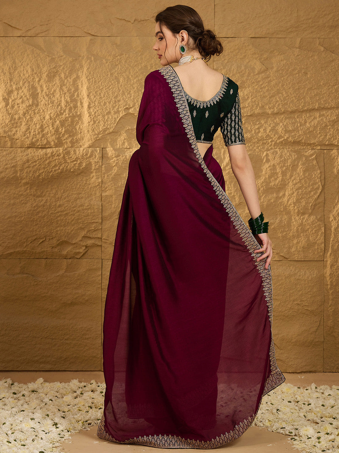 Vichitra Silk Magenta Embroidered Designer Saree With Blouse