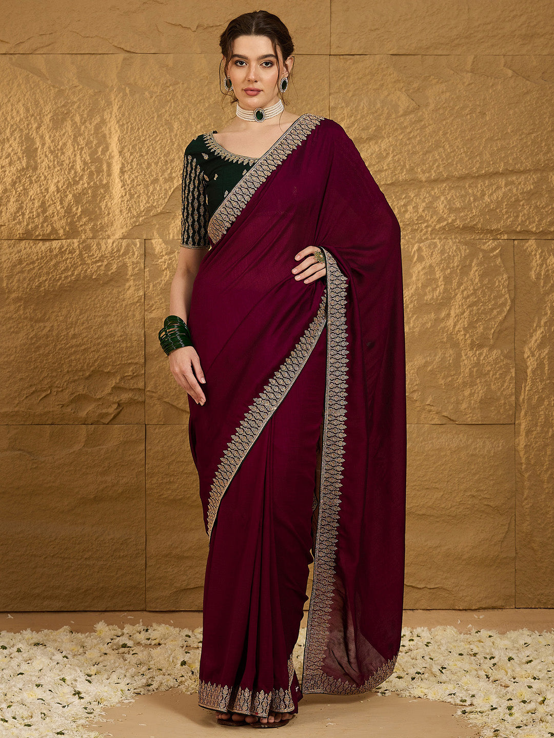 Vichitra Silk Magenta Embroidered Designer Saree With Blouse