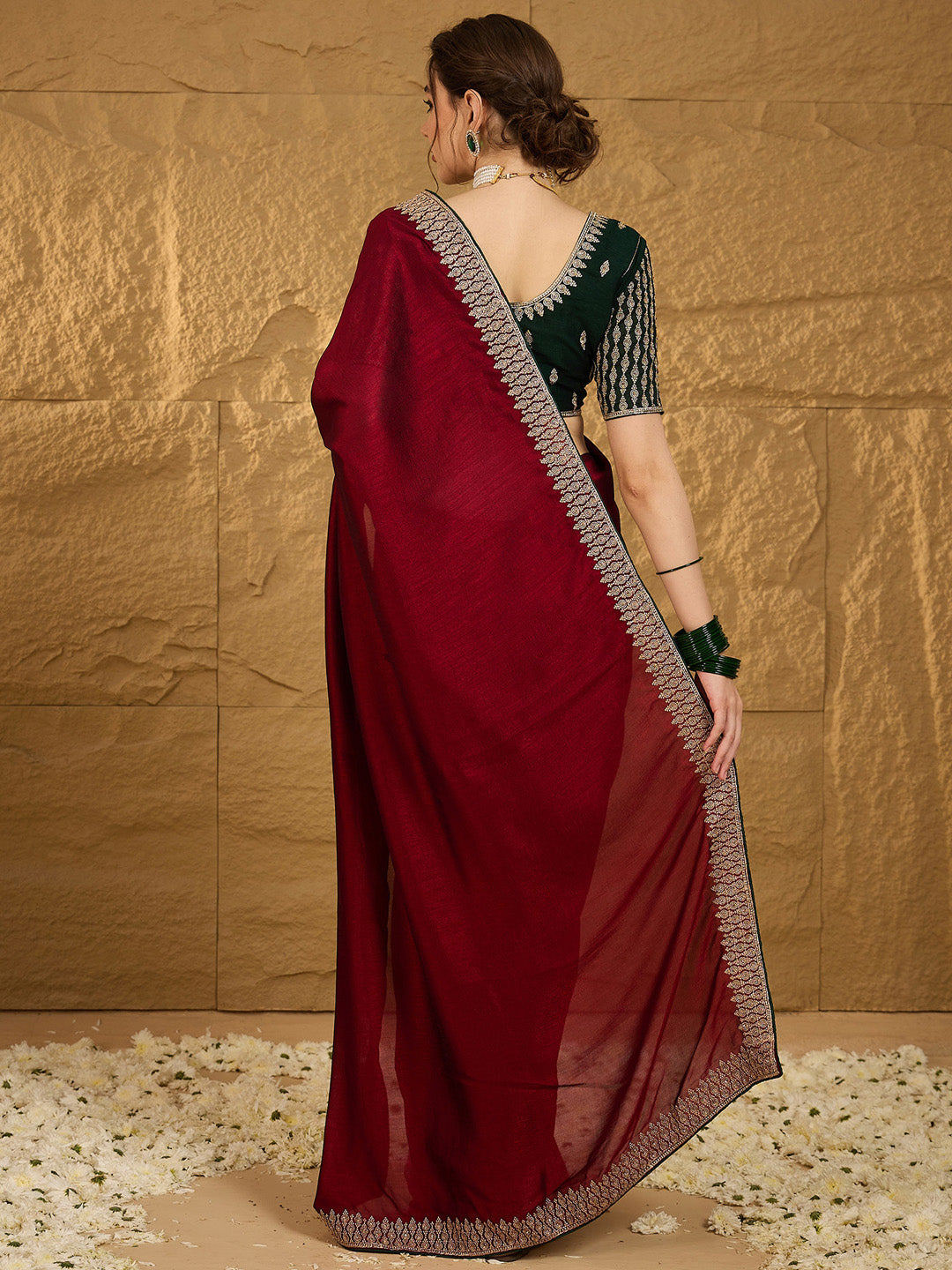 Vichitra Silk Maroon Embroidered Designer Saree With Blouse