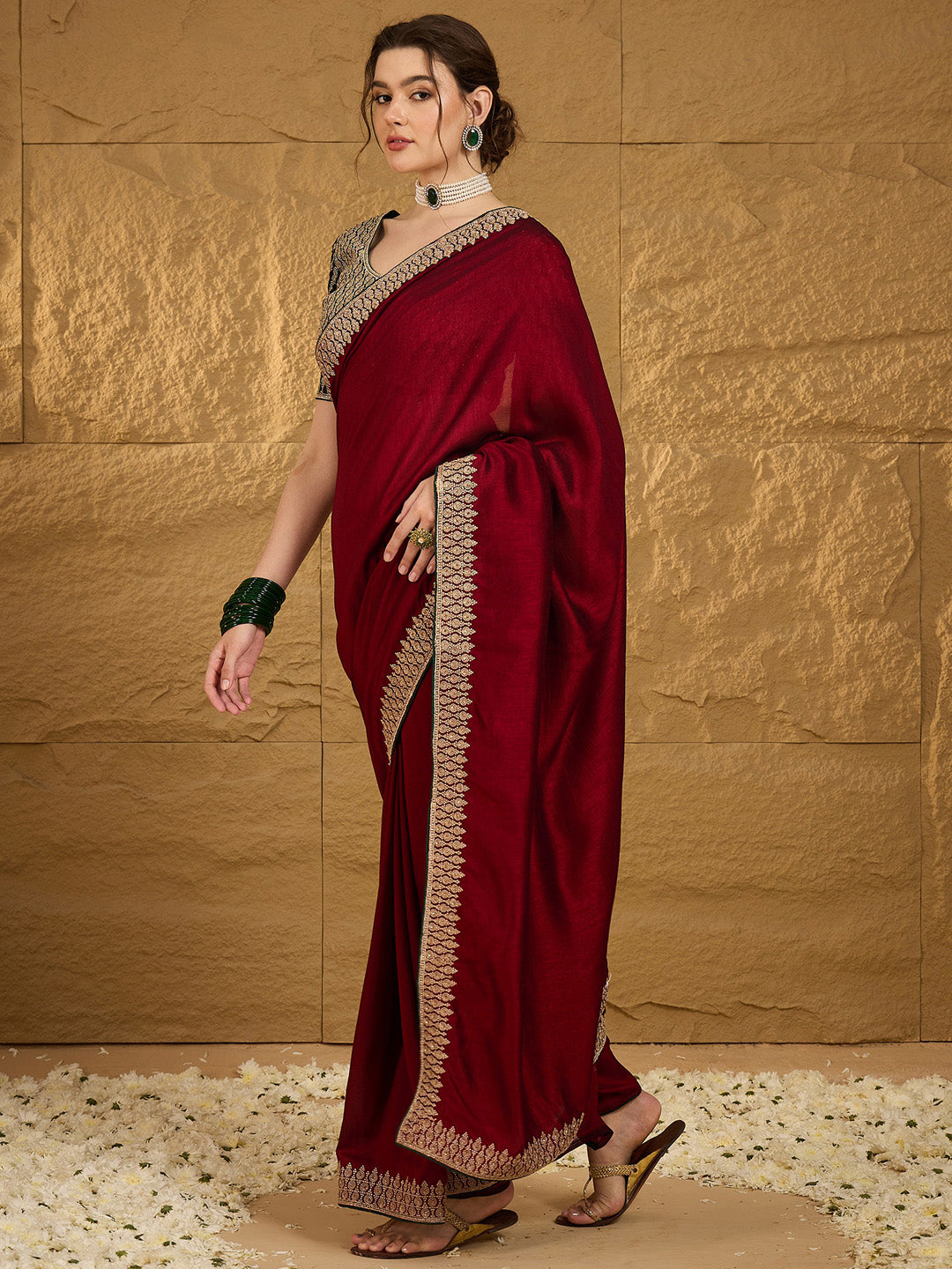 Vichitra Silk Maroon Embroidered Designer Saree With Blouse