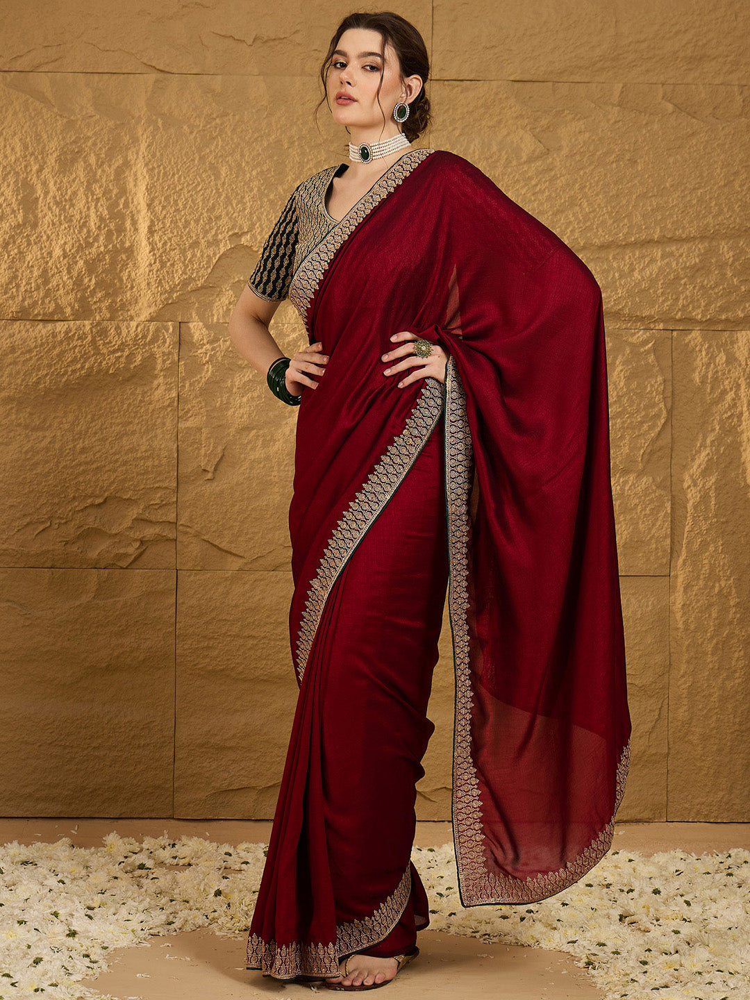 Vichitra Silk Maroon Embroidered Designer Saree With Blouse