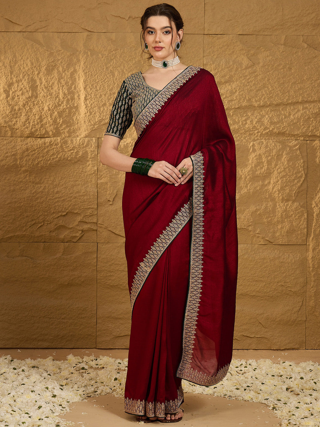 Vichitra Silk Maroon Embroidered Designer Saree With Blouse