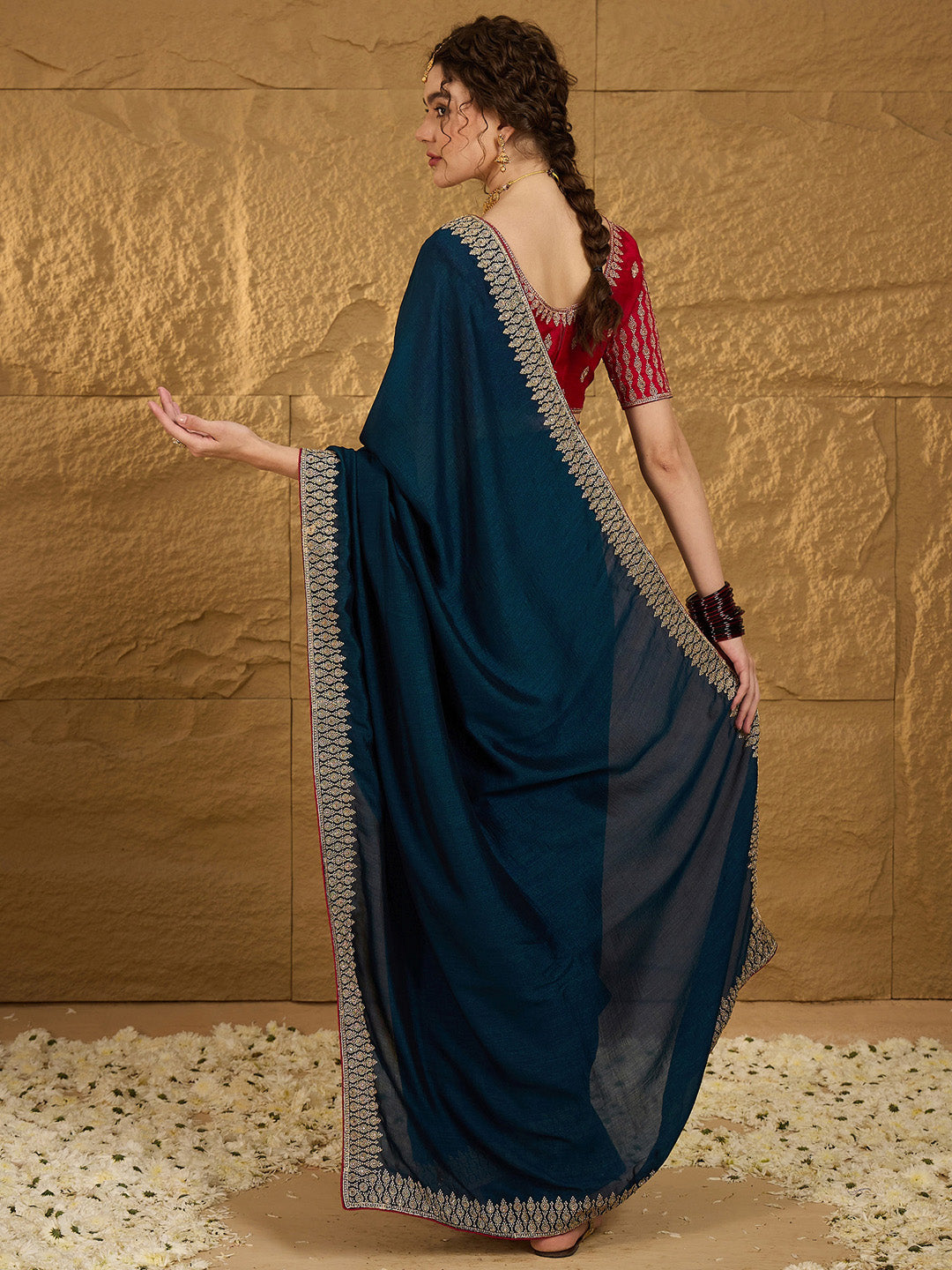 Vichitra Silk Teal blue Embroidered Designer Saree With Blouse