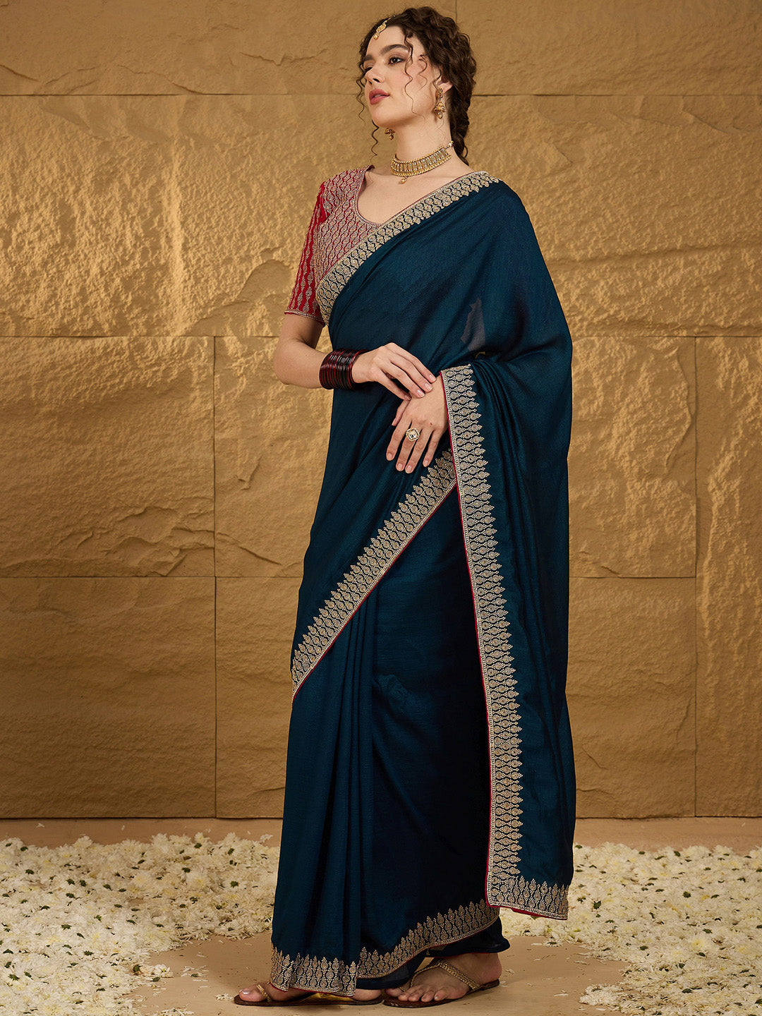 Vichitra Silk Teal blue Embroidered Designer Saree With Blouse