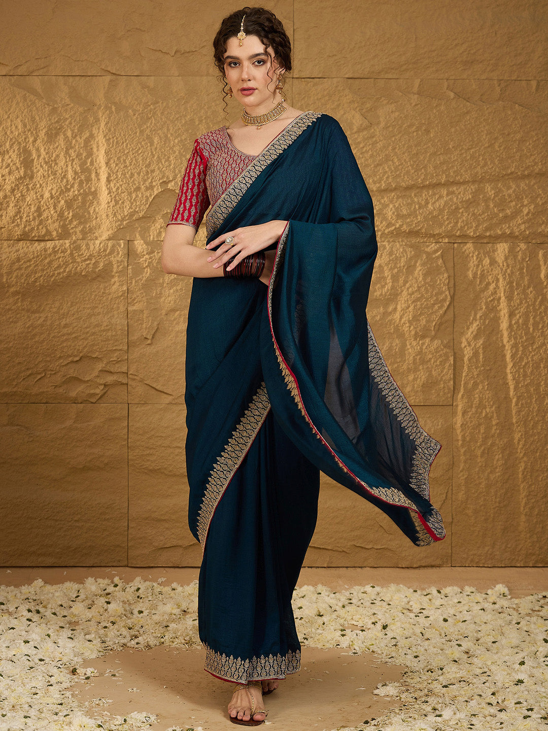 Vichitra Silk Teal blue Embroidered Designer Saree With Blouse