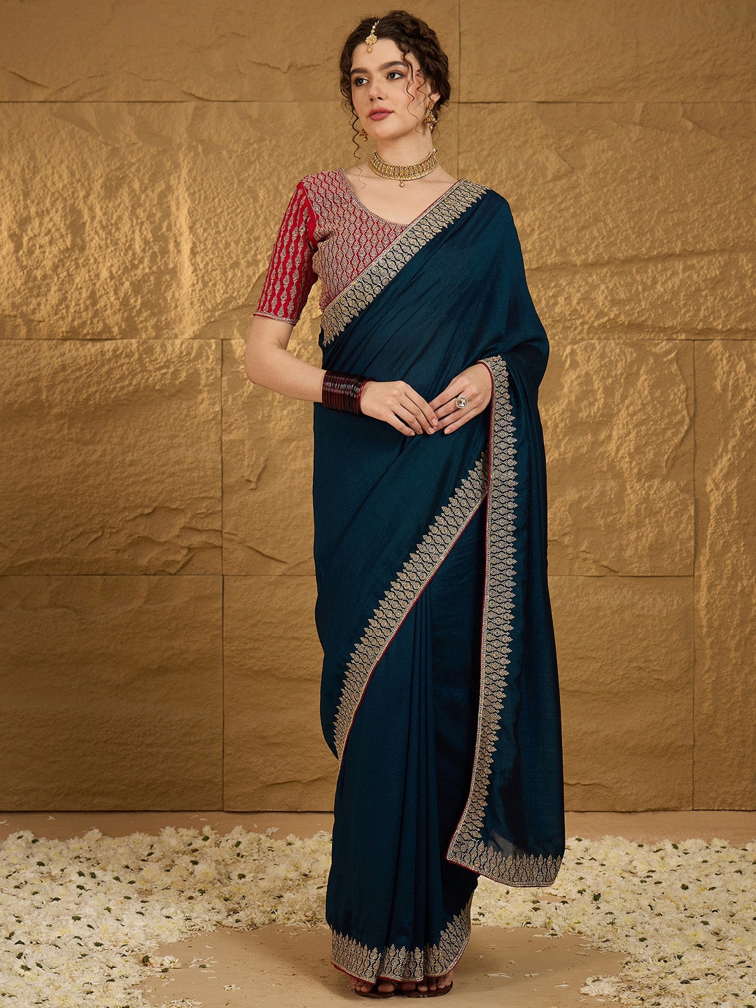 Vichitra Silk Teal blue Embroidered Designer Saree With Blouse