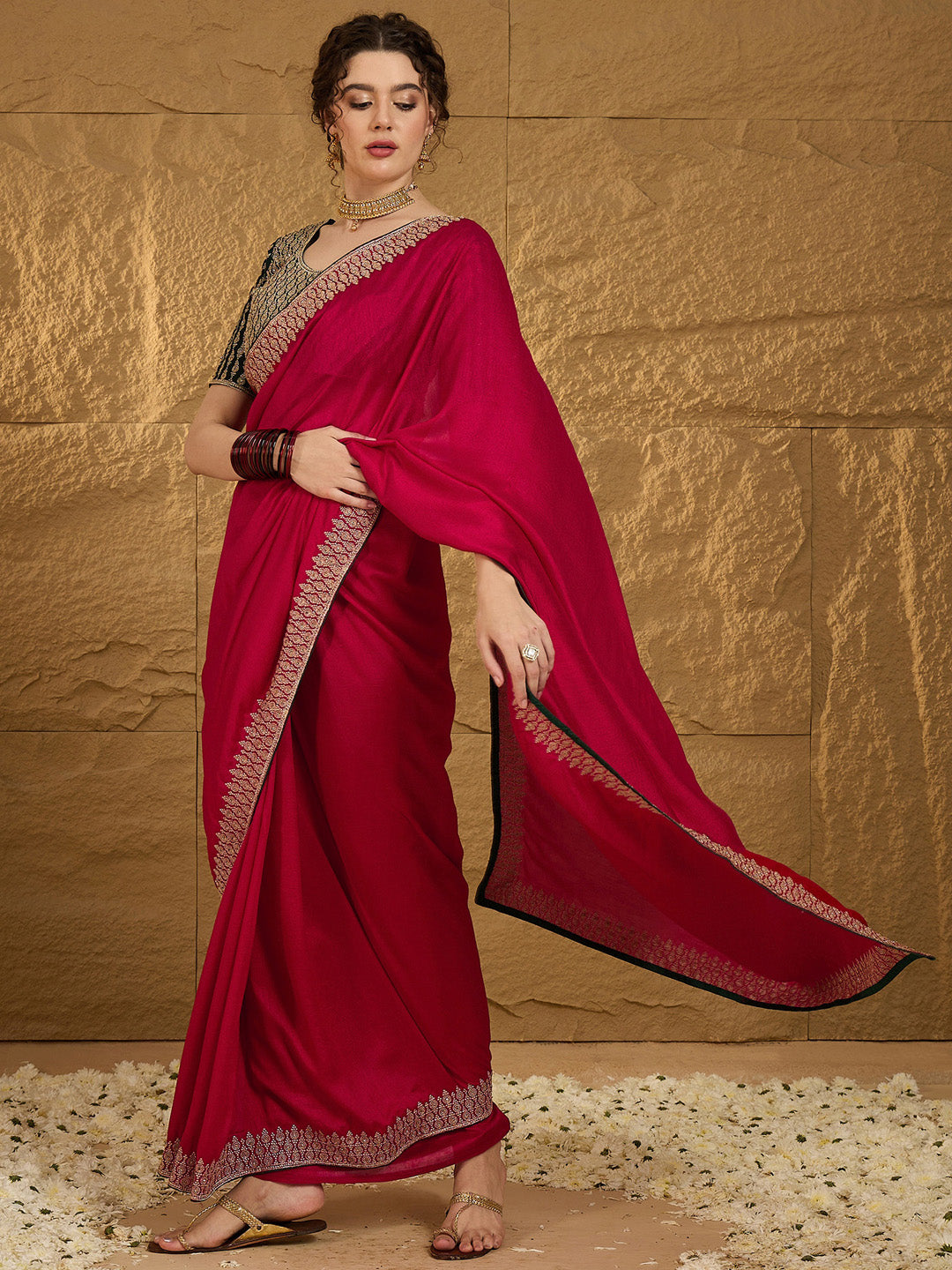 Vichitra Silk Pink Embroidered Designer Saree With Blouse