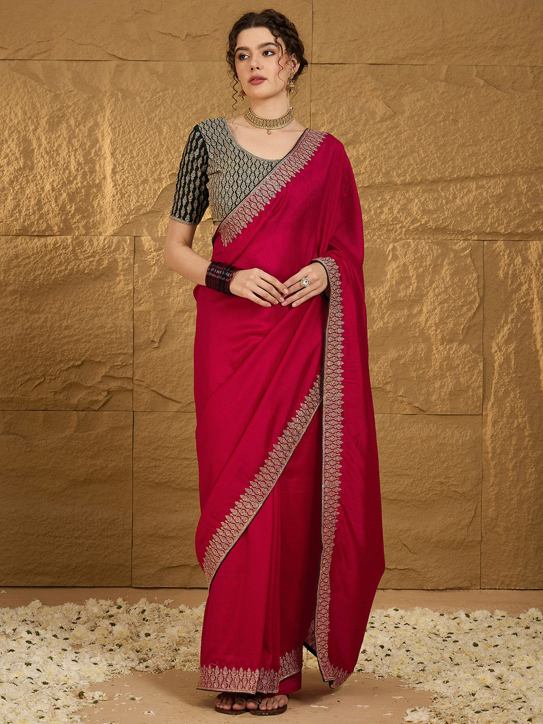 Vichitra Silk Pink Embroidered Designer Saree With Blouse