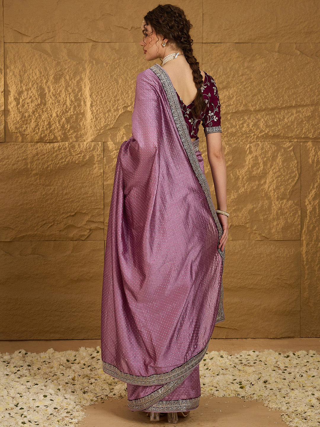 Vichitra Silk Mauve Embroidered Designer Saree With Blouse