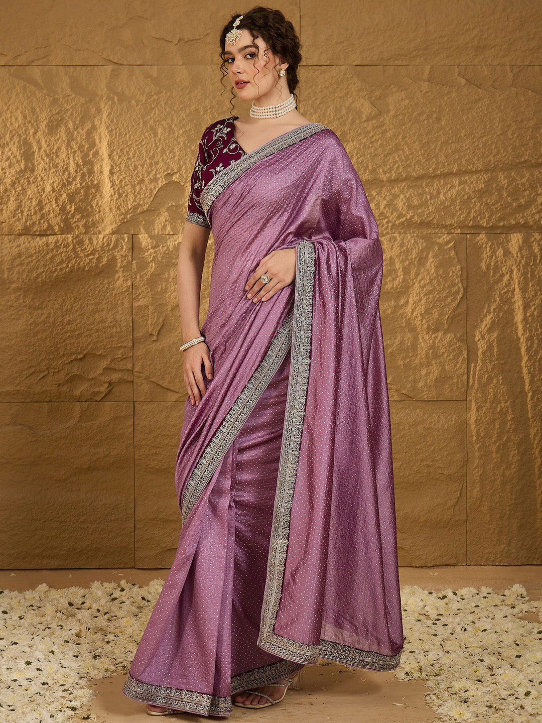 Vichitra Silk Mauve Embroidered Designer Saree With Blouse