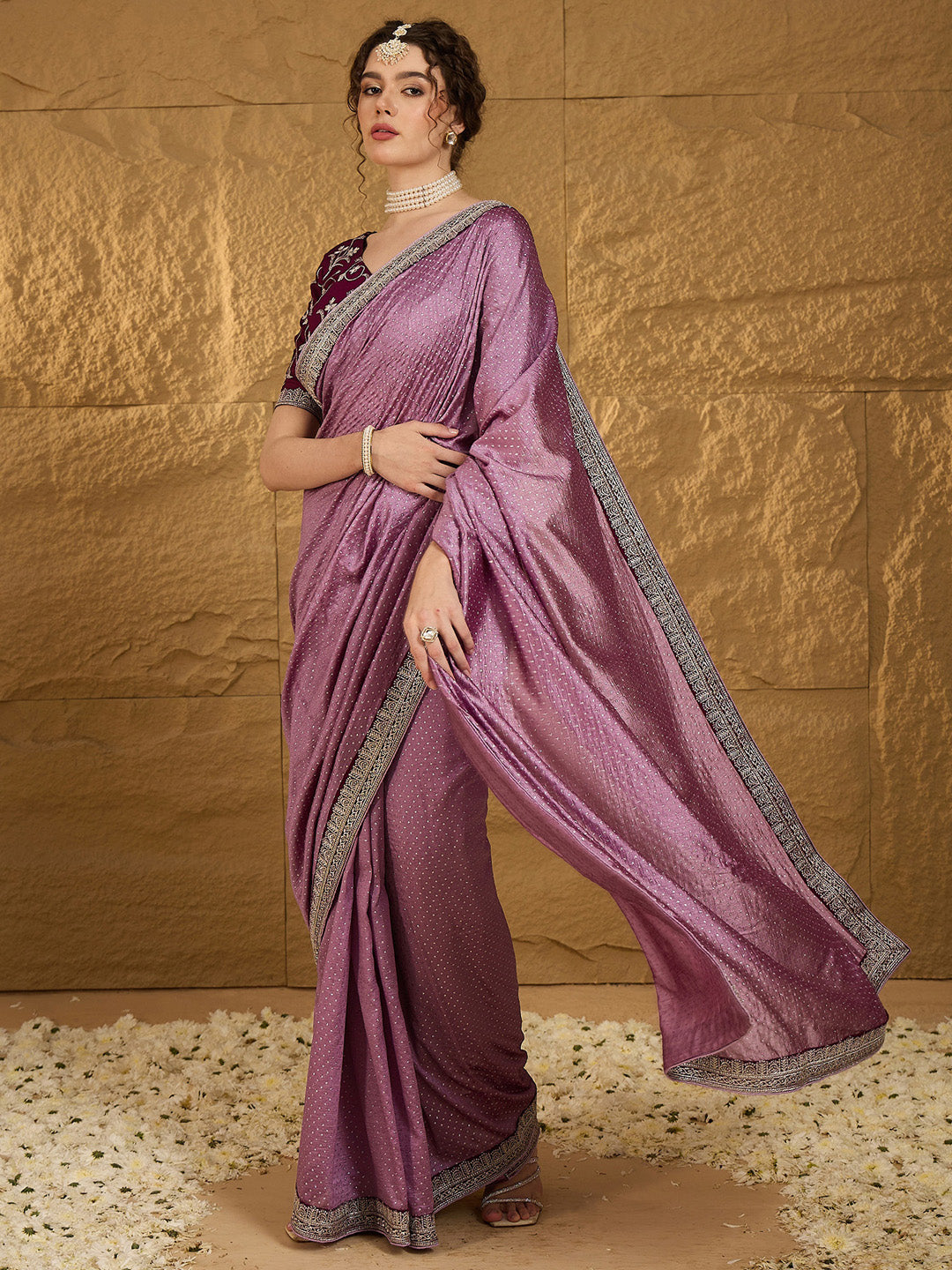 Vichitra Silk Mauve Embroidered Designer Saree With Blouse