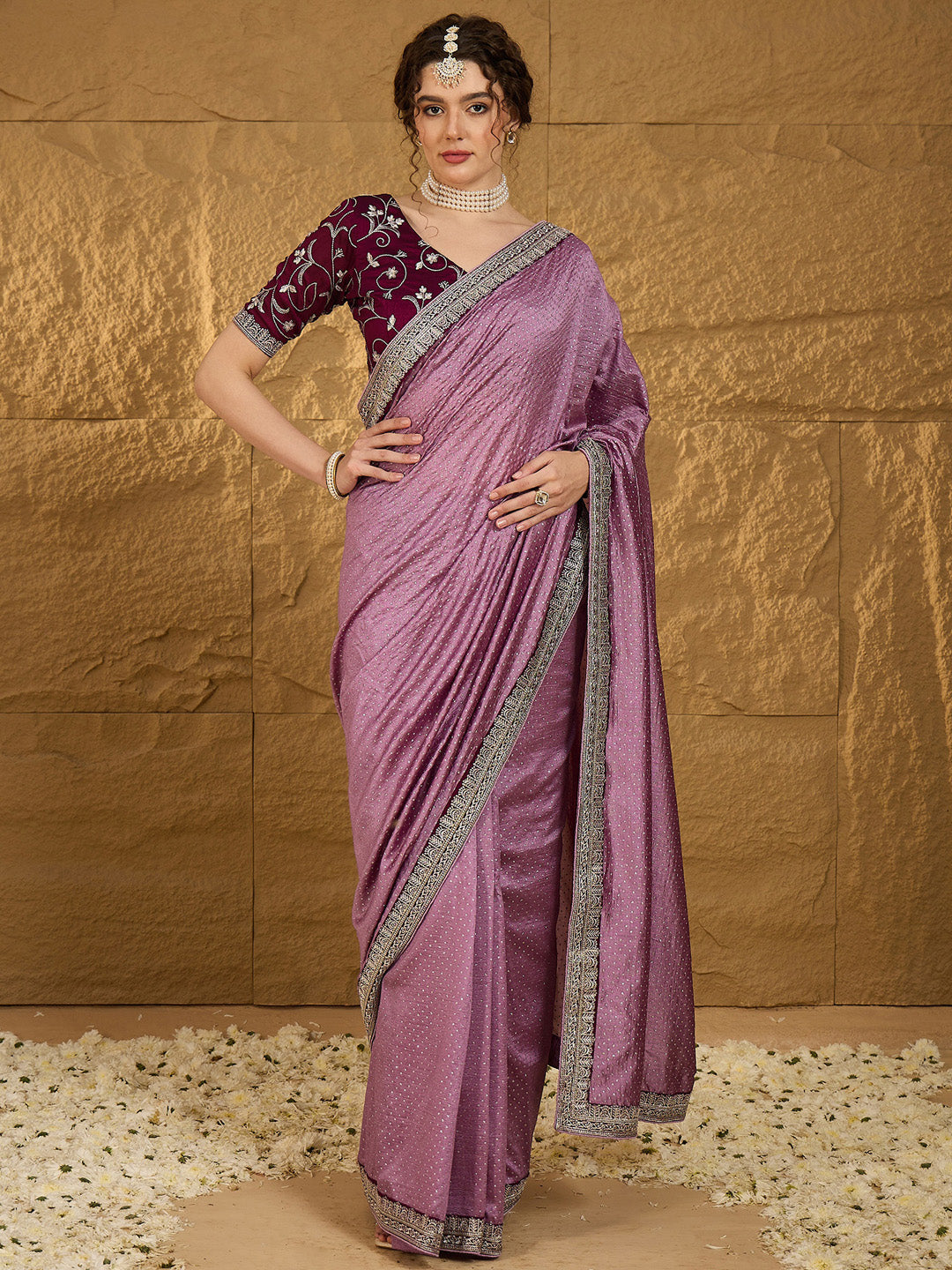 Vichitra Silk Mauve Embroidered Designer Saree With Blouse