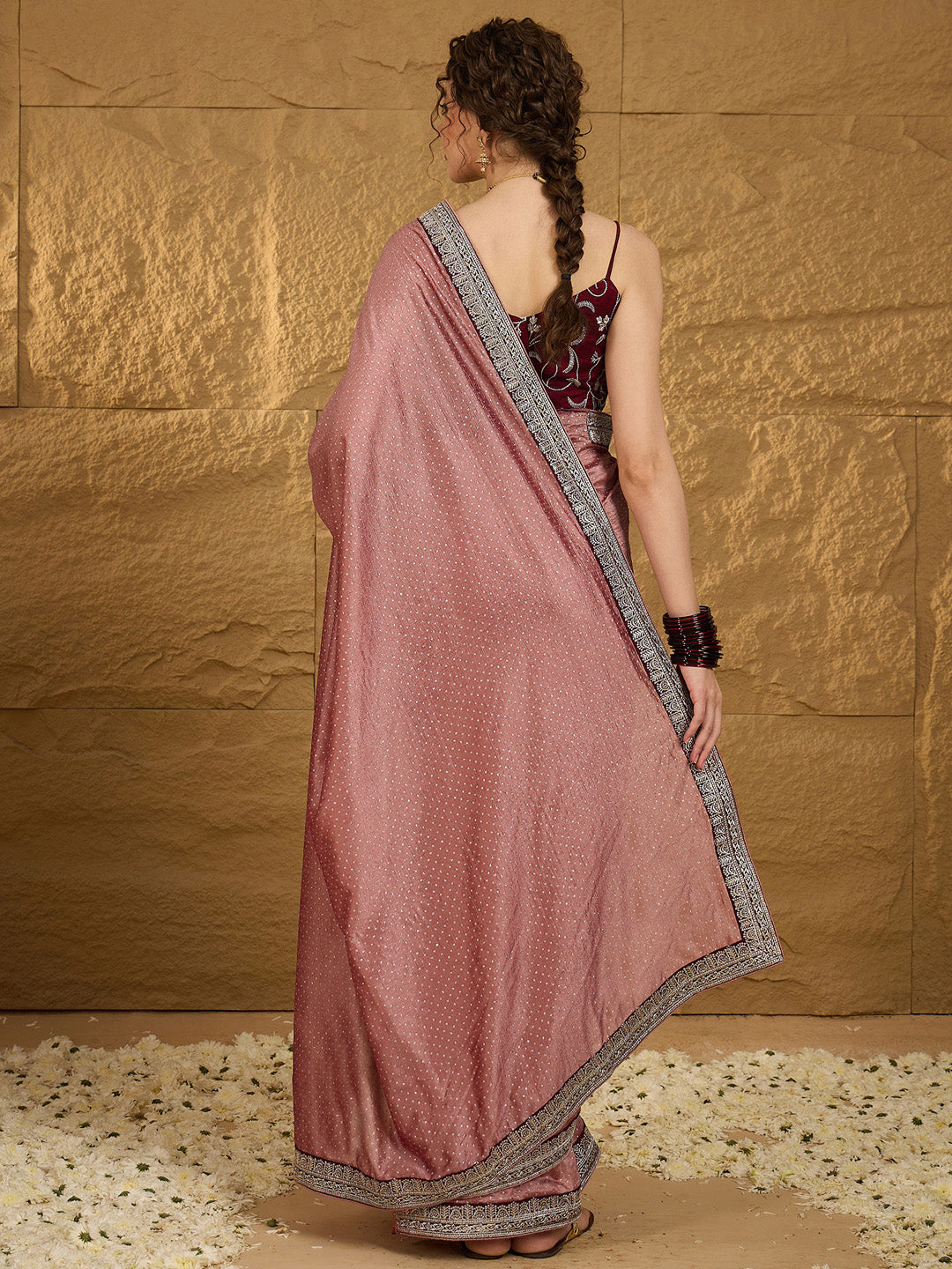 Vichitra Silk Brown Embroidered Designer Saree With Blouse