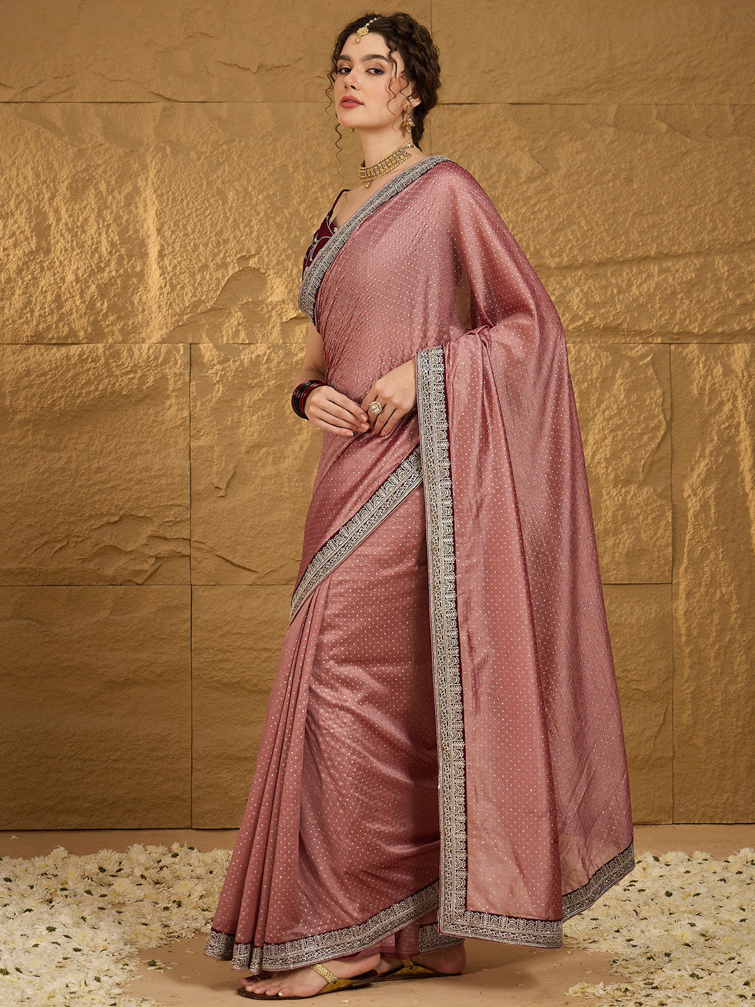 Vichitra Silk Brown Embroidered Designer Saree With Blouse