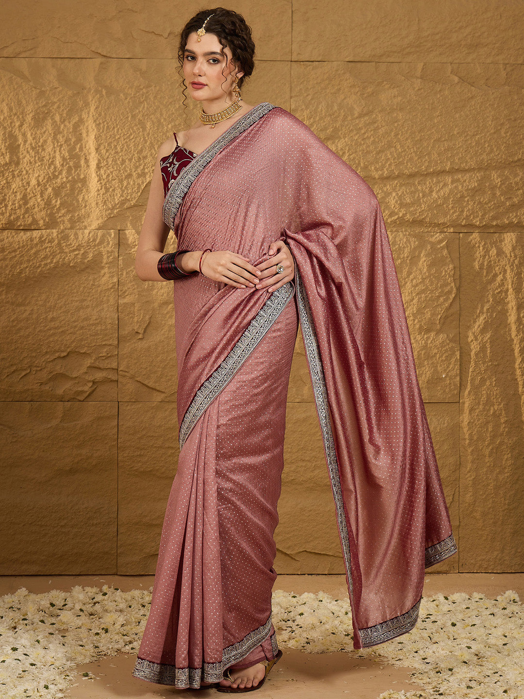 Vichitra Silk Brown Embroidered Designer Saree With Blouse